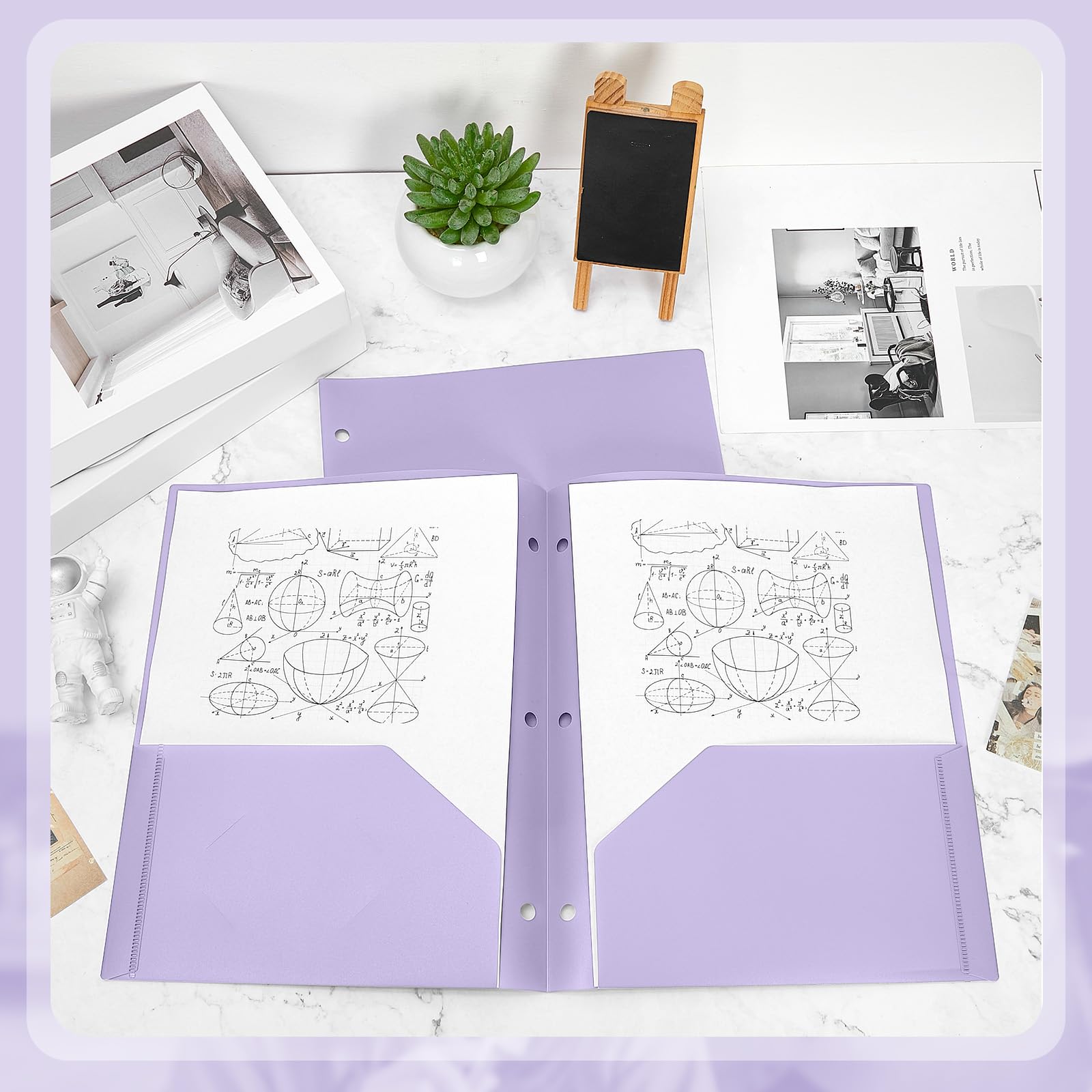 Yeaqee Kunststoff-Ordner mit Taschen, 3-fach gelocht, 2 Taschen, Aktenordner für 3-Ringbinder, Trennblätter für Notizbücher, strapazierfähiges Polymaterial für Büro und Zuhause, 100 Stück (Hellviolett
