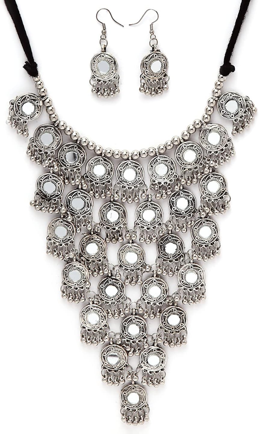 Latest Stylish Traditional Oxidised Silver Necklace Jewellery Set for Women (13115s), One Size