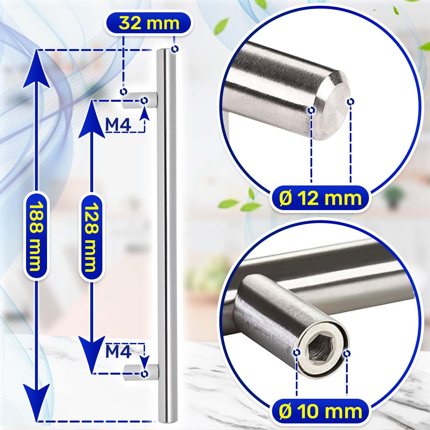 MONTERAL Kitchen Cupboard Handle 188 x H32 mm diameter 12 mm Distance Between Mounting Holes 128 mm - Image 2