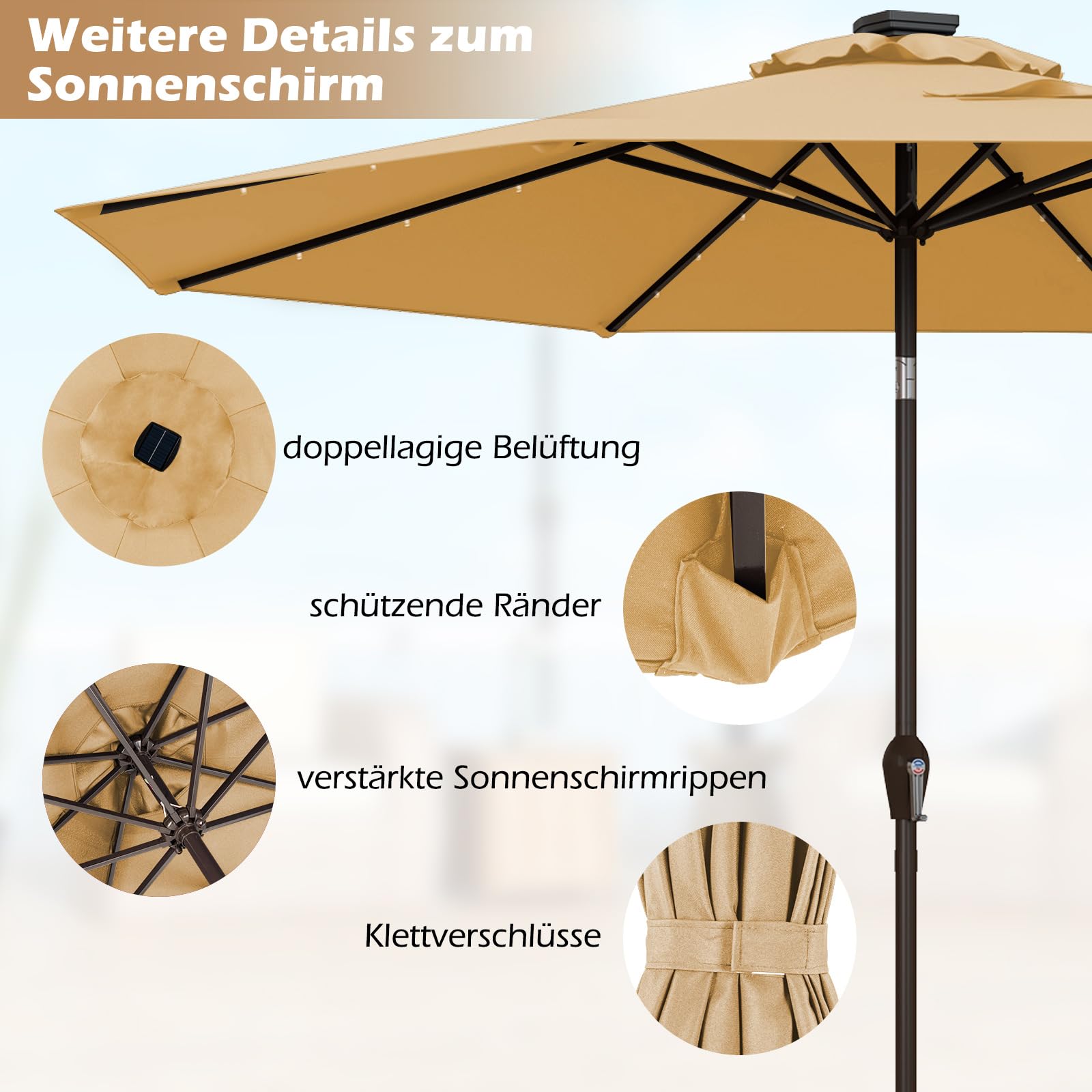 COSTWAY Sonnenschirm 300 cm mit LED-Solar-Beleuchtung, Gartenschirm mit Kurbel, beidseitig um 30° knickbar, Terrassenschirm mit 8 Rippen, Marktschirm für Garten, Balkon, Terrasse, Beige
