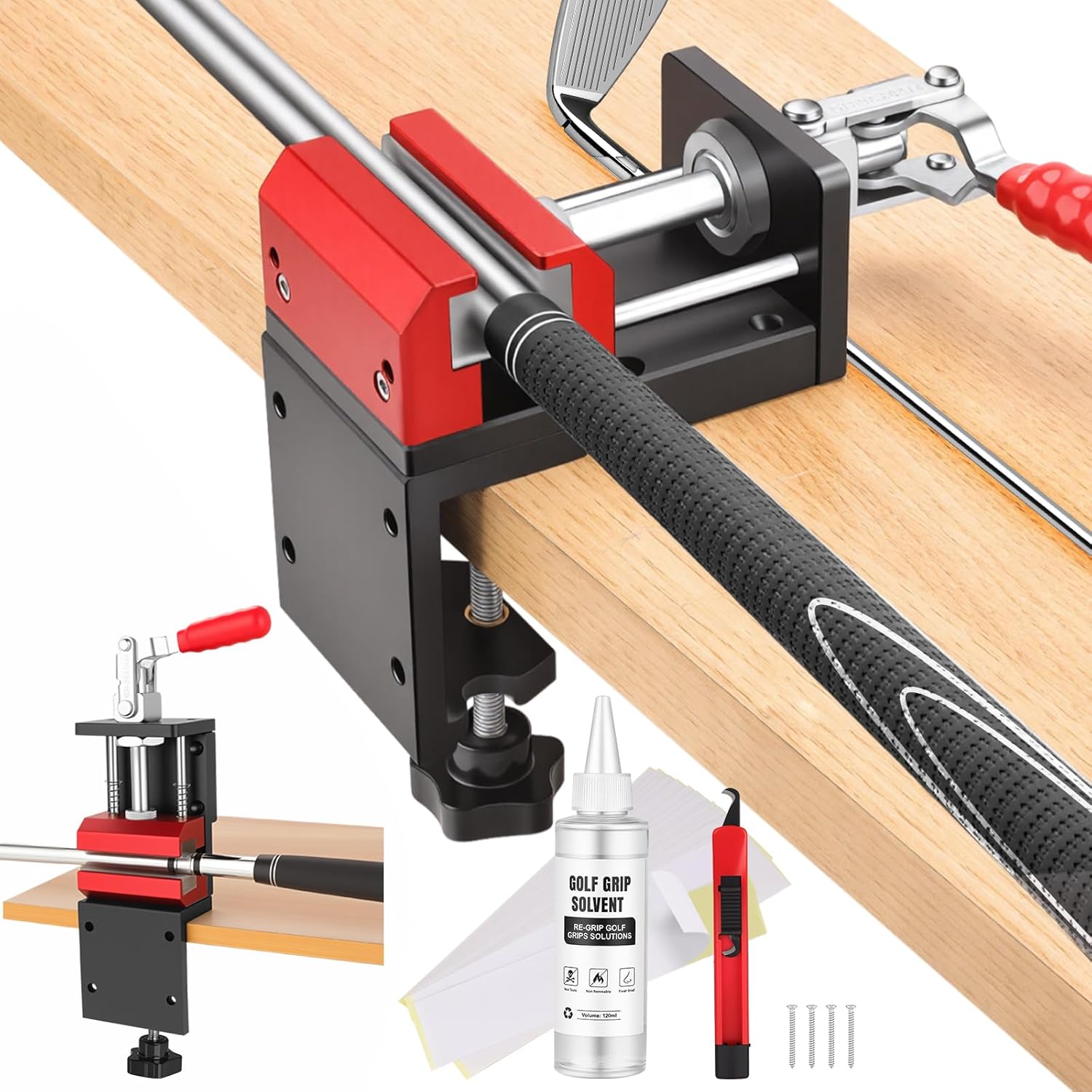 Golf Grip Kit for Regripping, 2-in-1 No Drill Aluminum Golf Shaft Clamp, 360° Swivel Portable Table Vise, Golf Club Regripping Kit, Golf Repair Kit Removal Tool