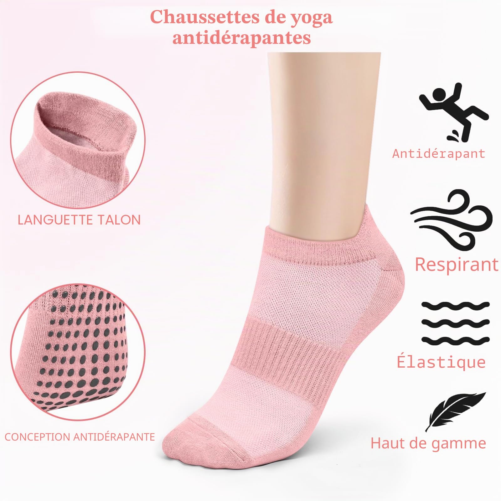 Chaussettes Pilates Femme 36-41 Anti-Dérapantes Semelle Grippée Yoga Barre Ballet Danse