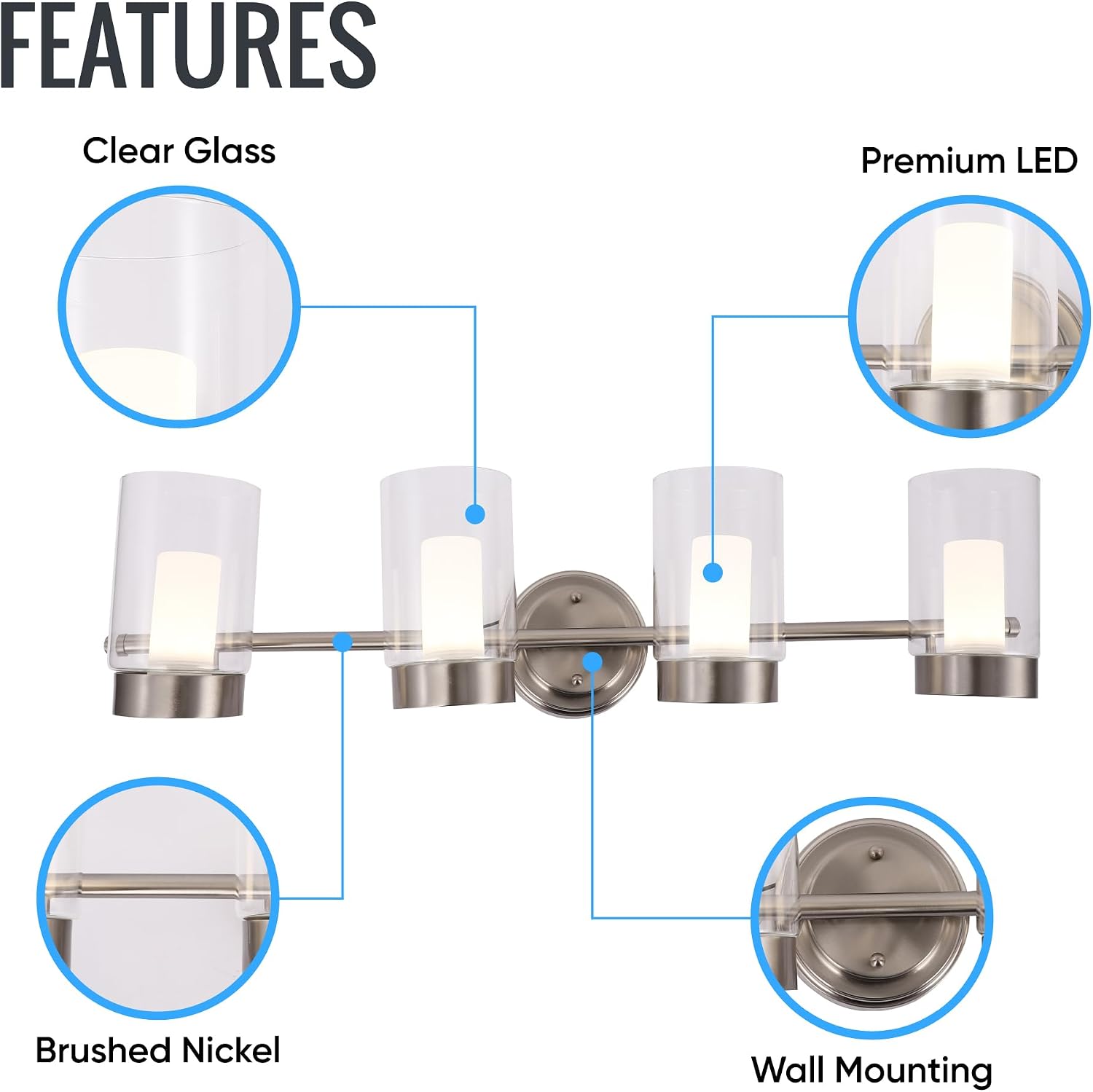 LEDMyplace 4-Lights Modern LED Bathroom Vanity Light Over Mirror 30W, 4000K Cool White, 2100 Lumens, Dimmable Wall Lamp for Living Room, Brushed Nickel Finish Clear Glass Shade Decorative Lights