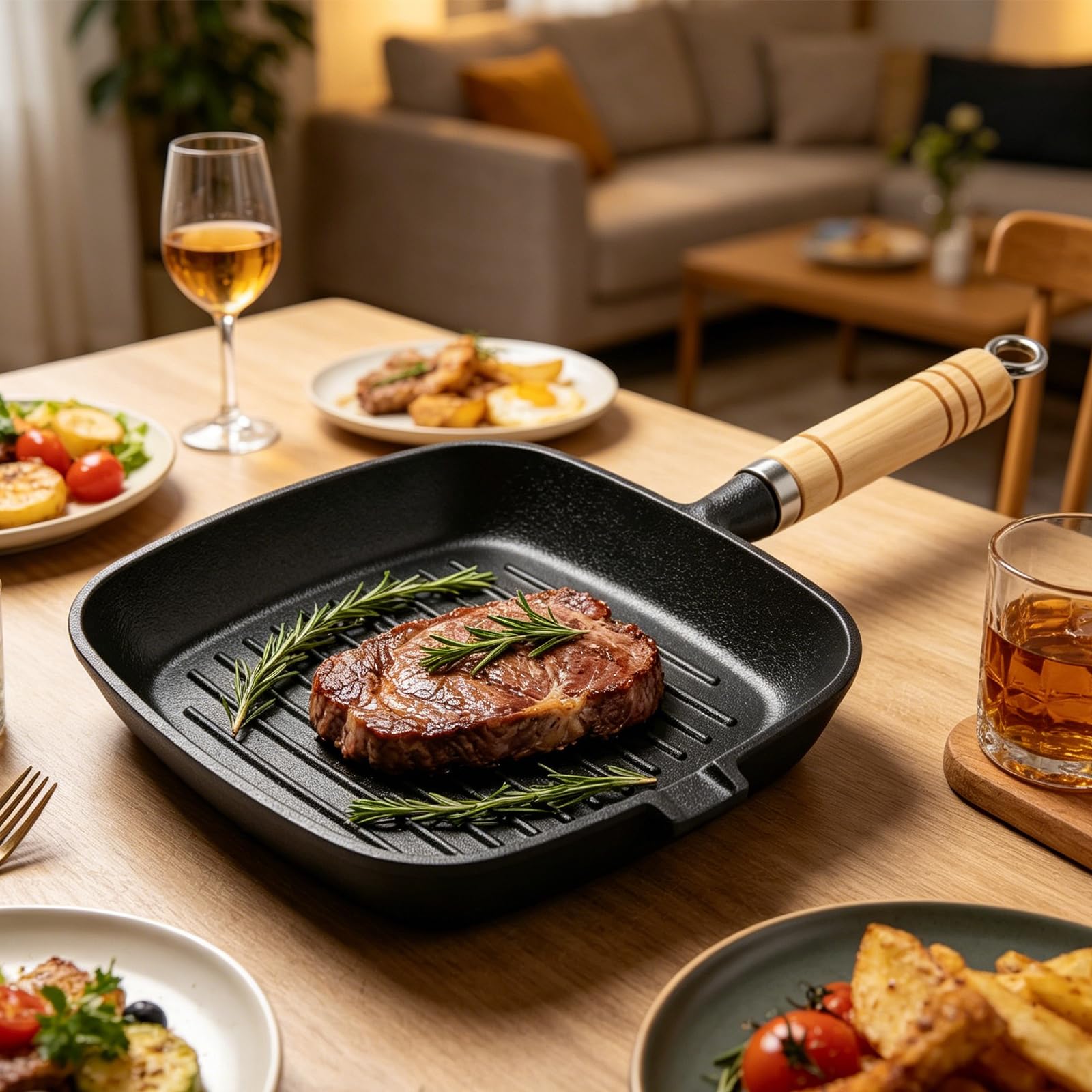 Poêle Grill 22x22 cm En Fonte, Poele a Griller avec Bec Verseur et Manche Effet Bois Compatible Induction et Feux, Poêle Fonte Idéale pour Steak Légumes Cuisson Maison Durable