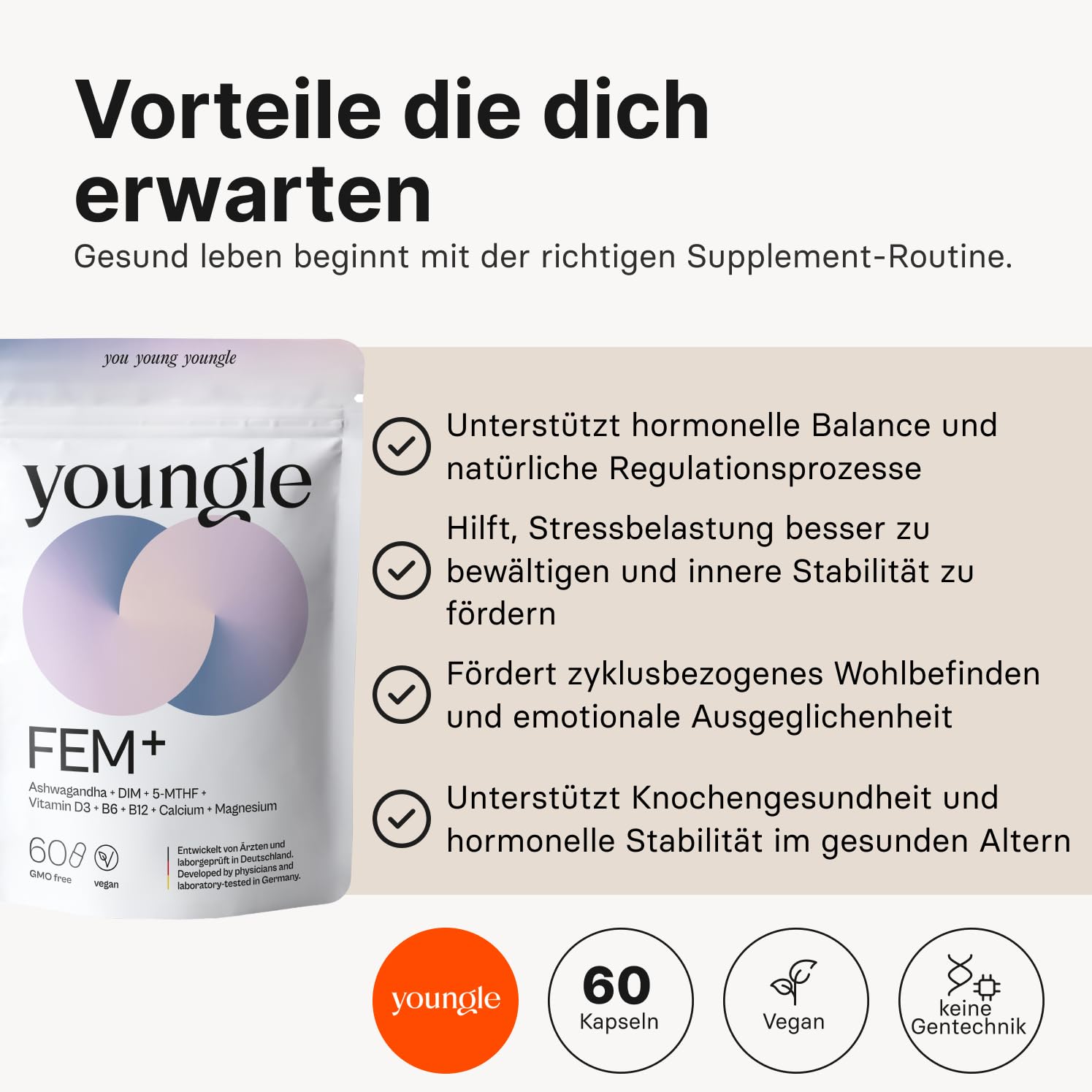 FEM+ Hormon Balance Kapseln - Unterstützung von Stressregulation & Östrogenstoffwechsel mit DIM & Ashwagandha - Frauen Longevity, Knochen & Nerven