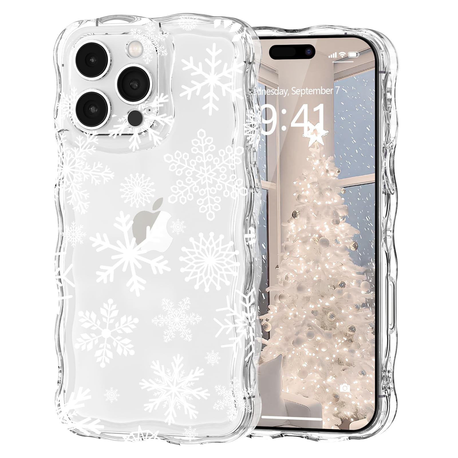 L-FADNUT Christmas Phone Case For iPhone 16 Pro Max Cute Curly Wavy Merry Christmas Pattern Case Clear Santa Snowman Elk Cover For Girls Kid Women