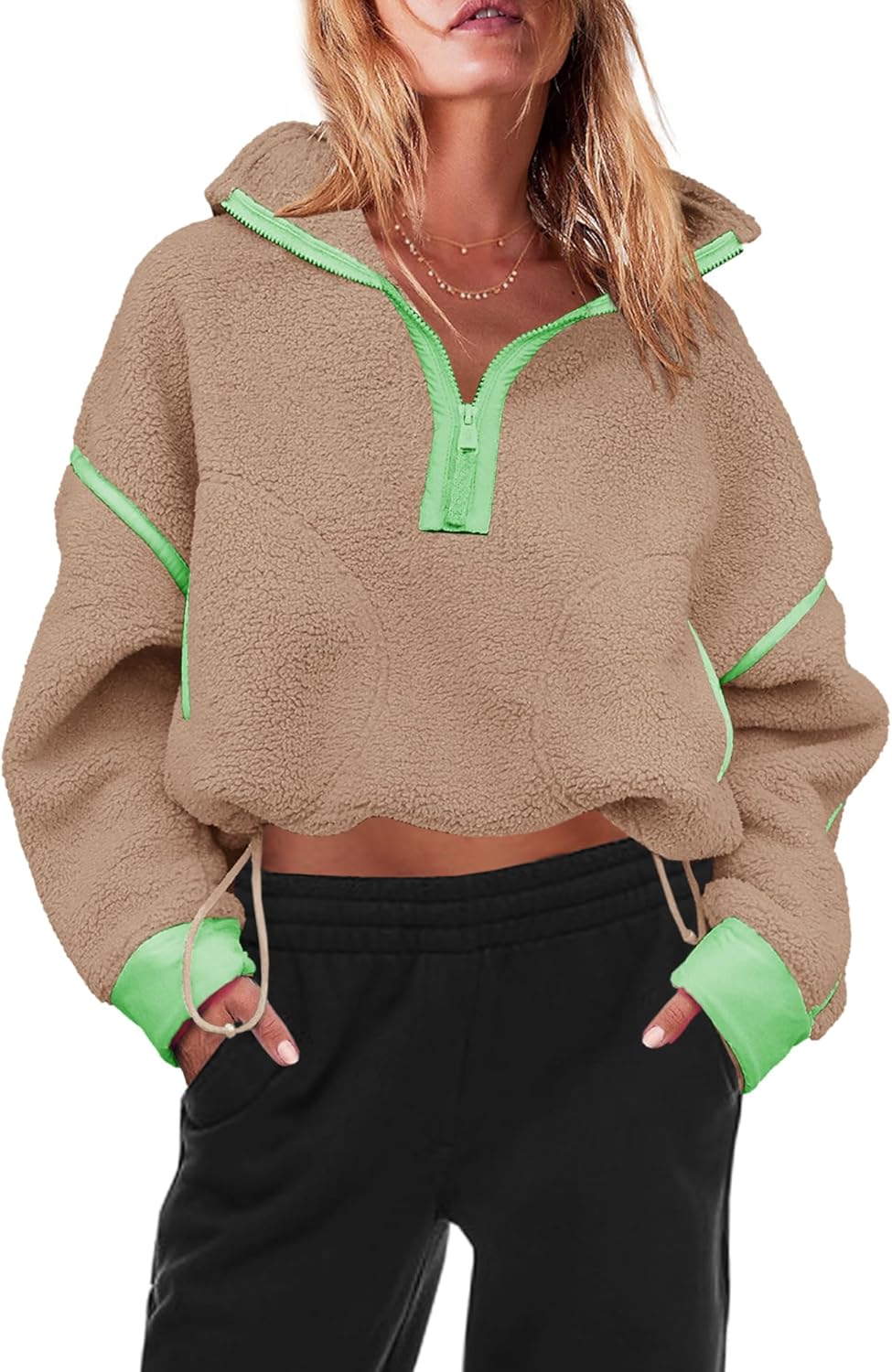Panadila Womens Half Zip Sherpa Fleece Pullover Soft Oversized Sweatshirt with Pockets Warm Fuzzy Sweater - Image 2
