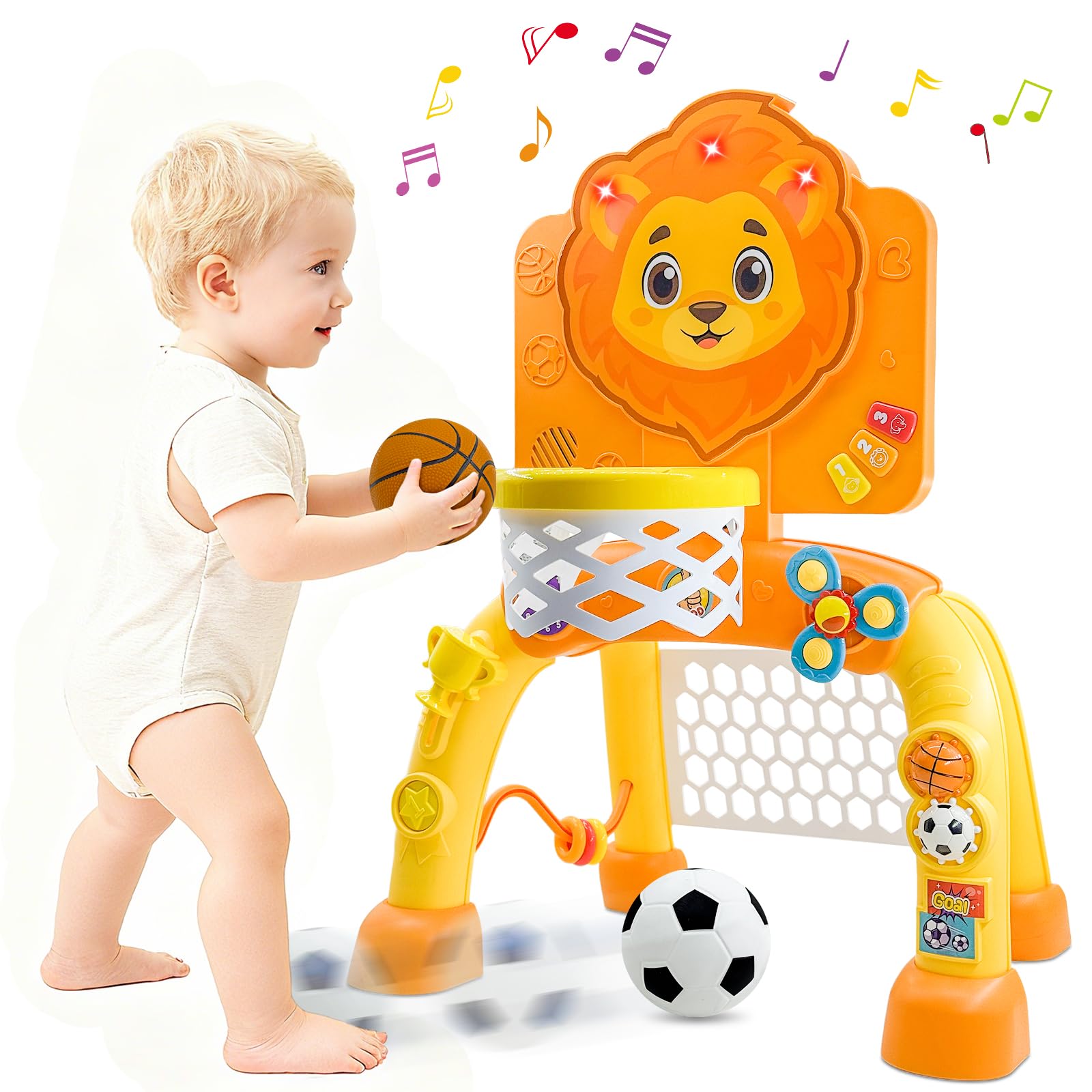 2 in 1 Basketball Hoop & Soccer Goal Sports Activity Center, Toddler Sports Toys w/Lights Music, Indoor Outdoor Toys for 1 2 3 Year Old Boys Girls, 1st Birthday for Baby Boy Girl
