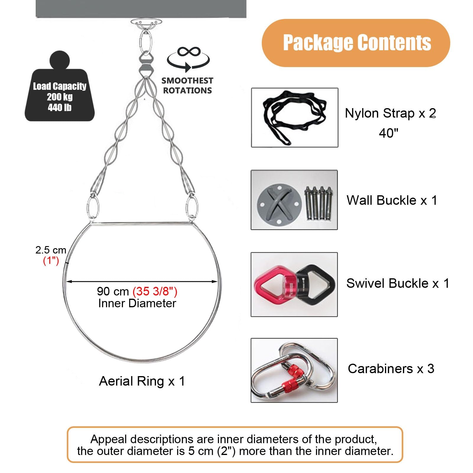 Kunovo Double Point Aerial Hoop for Both Uses, Special Stainless Steel Lyra Hoop Set Fully with Rigging Hardware, Aerial Yoga Ring for Performing Place (Size : 90 cm (35