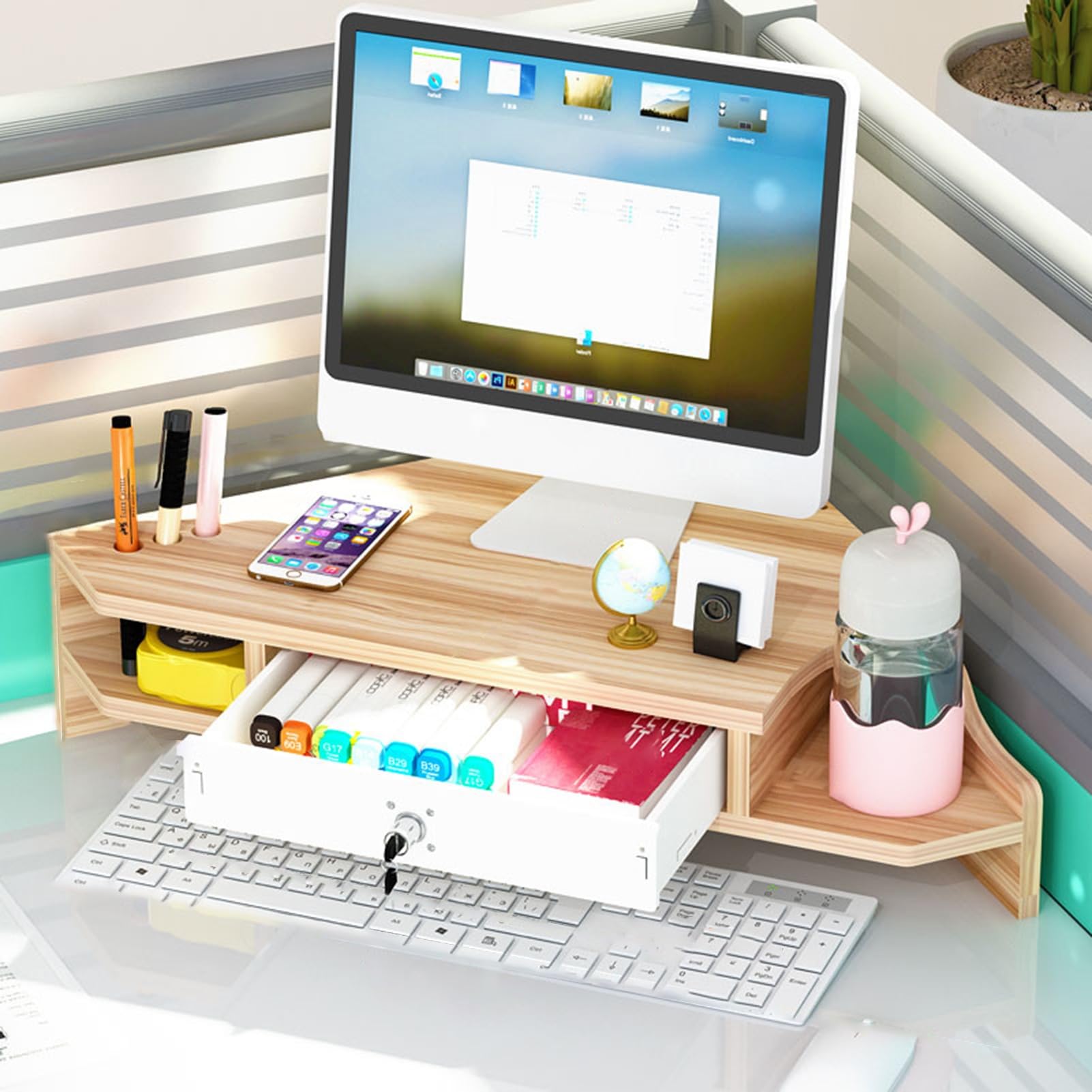 SDGcfgjW corner desks， Desktop Organizer Computer Monitor Stand Laptop Riser, 2 Tier Triangle Screen Risers for PC/TV/Tablet(Brown)