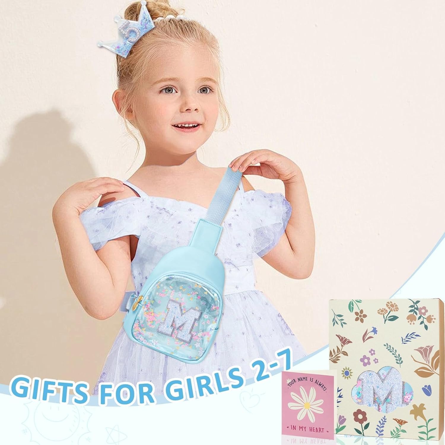 COSHAYSOO Personalized Christmas Birthday Gifts Burr Basket Stuffers for Girls Blue Purse Sling Bag Crossbody Girl Cute Funny Cool Mini Travel Fashion Accessories Monogrammed Initial Letter M - Image 2