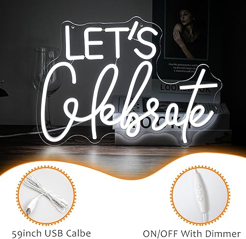 Miniatura 3 de Let's Celebrate - Letrero de neón blanco regulable, luz de neón con texto en inglés "Let's Celebre", para decoración de pared, alimentado por