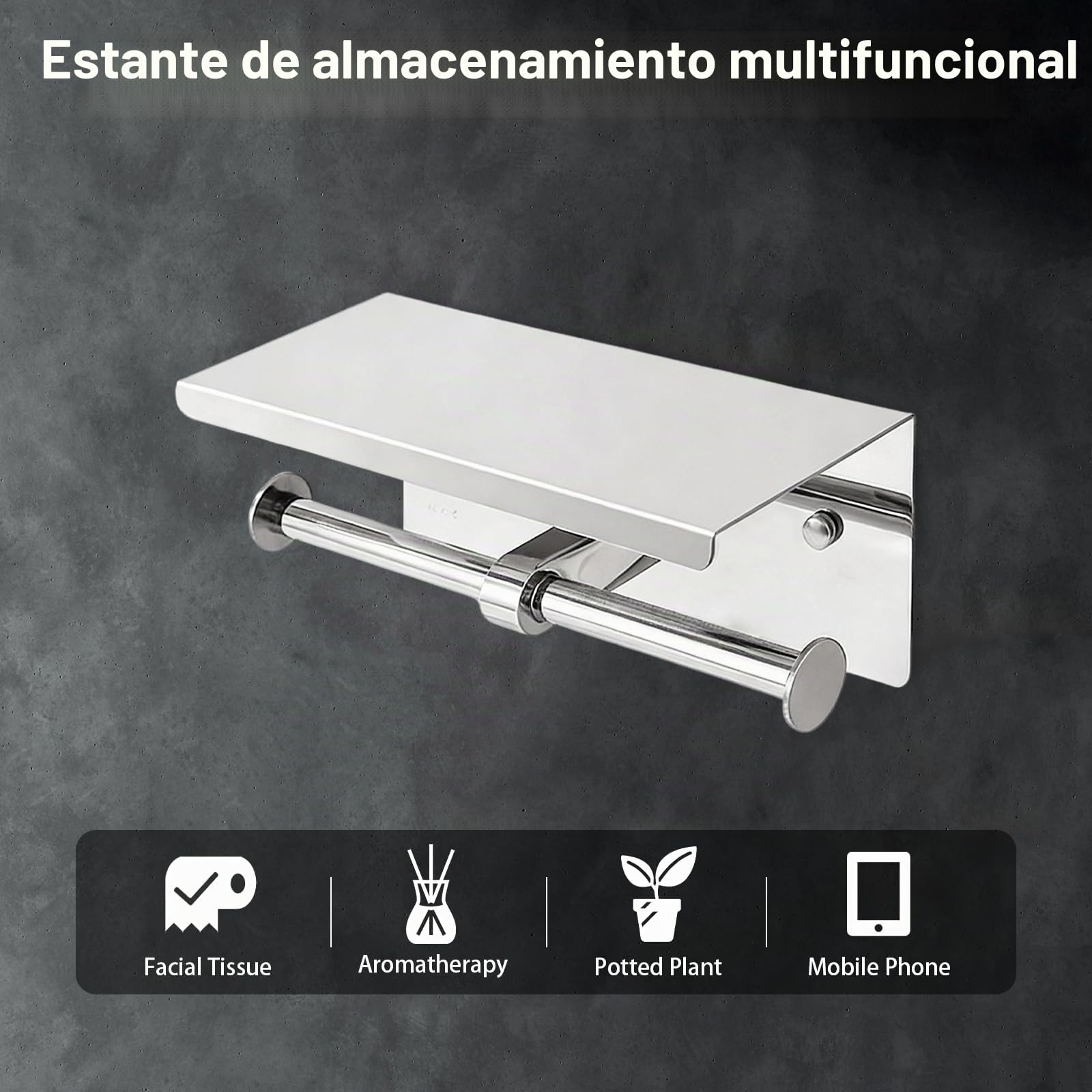 Portarrollos de Papel higiénico Doble con repisa para teléfono, dispensador de Rollo de Papel Doble con repisa, Cromo Pulido, portarrollos de Papel higiénico con repisa, Montaje en Pared Adhesivo con