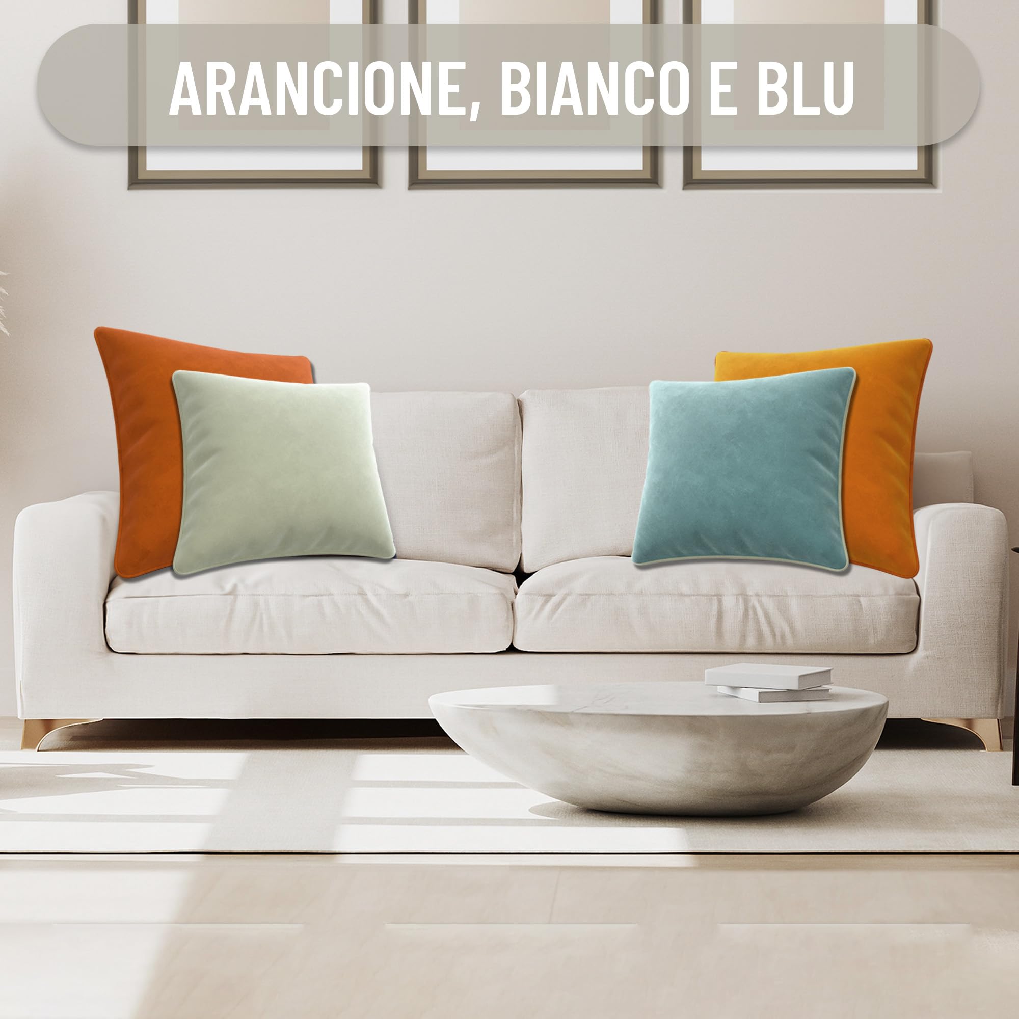 Set di federe in velluto extra morbido con bordo a contrasto. Design moderno e reversibile. Imbottitura non inclusa. (45x45 cm, Arancione, Blu e Bianco, 4)