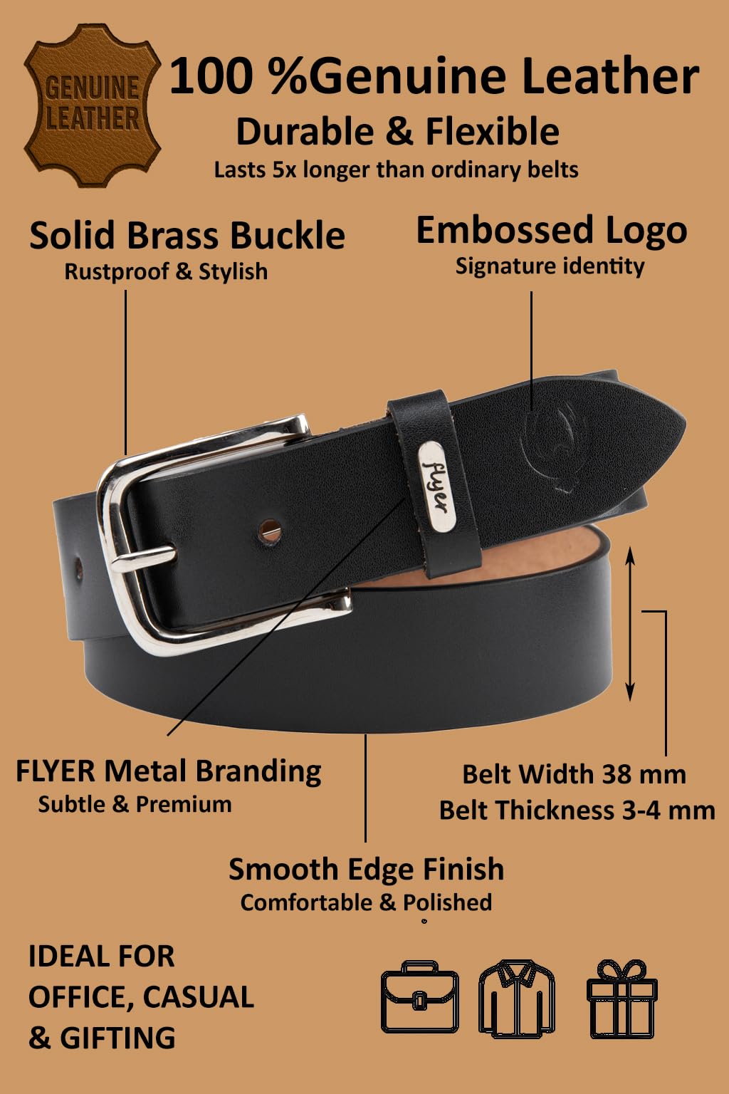 Flyer Men's Leather Belt (Formal/Casual) (Colour -Black) (Size -40) Buckle Adjustable Size Genuine Leather (BL808-40) (Pack of 1) 2