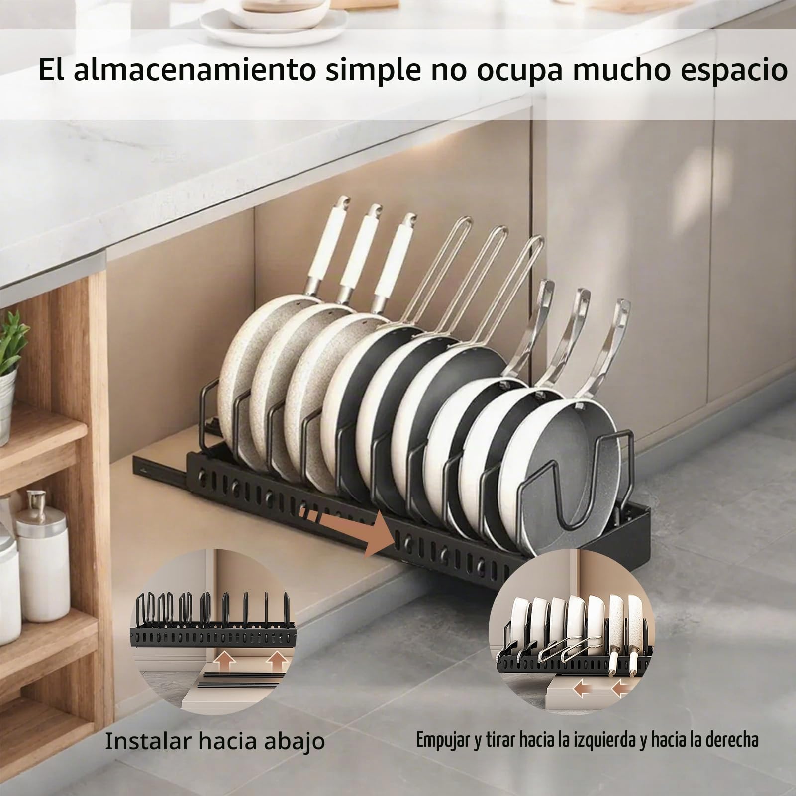 Organizador de Ollas y Sartenes 2 unidades, Extensible Organizador Tapas Ollas con 8 Compartimentos Ajustable, Soporte Tapas Ollas y Sartenes para Cocina, Negro