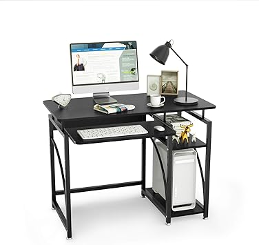 Amazon パソコンデスク Pcデスク 机 勉強机 収納ラック付 キーボードスライダー付 幅100 奥行50cm 省スペース 木製 調節 組み立て簡単 総耐荷重80 パソコンラック 黒 ブラック おしゃれ 収納棚 コンパクト ワークデスク アジャスター付 ゲーミング 書斎 在宅勤務