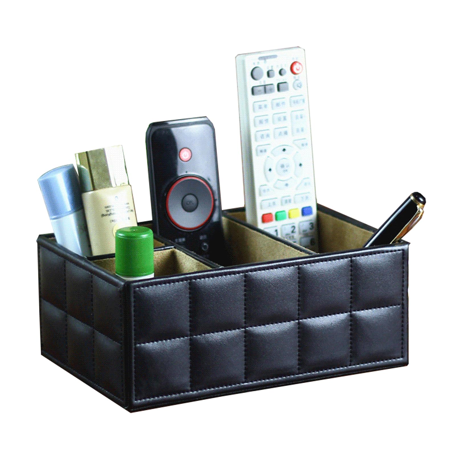 SENRISE Remote Control Holder, 4 Compartments, Desktop Supply Organizer PU Leather Storage Caddy Box, Desk Remote Caddy Storage Organizer for Controller, Phone, Office Stationery Storage (Black)