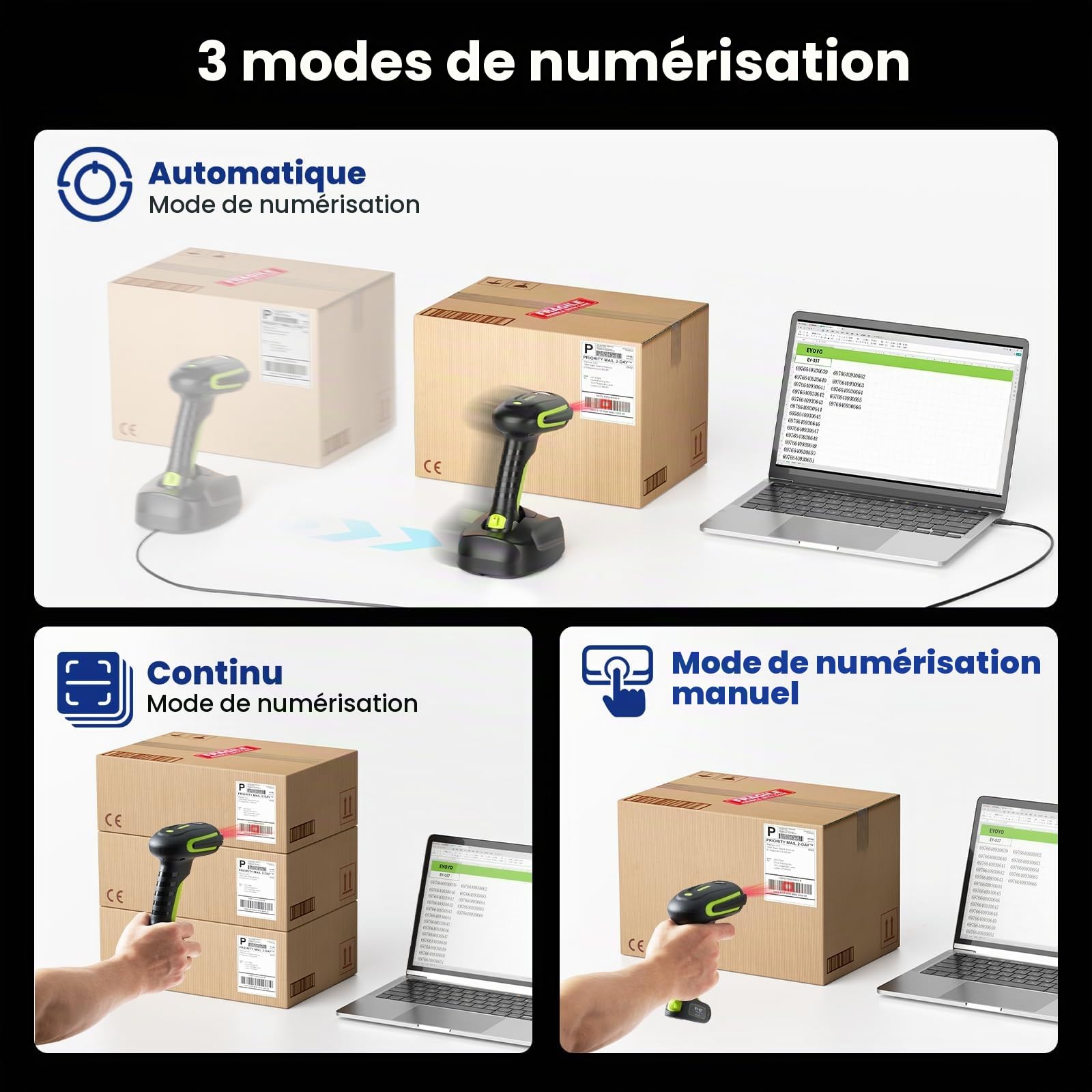Eyoyo Lecteurs Codes Barre Industriels 2D 1D sans Fil, avec Station Charge | Chocs jusqu'à 2,5 mètre,étanche IP65, Douchette Scanette Compatible Bluetooth,pour MacOS iOS Android,Supermarchés entrepôts