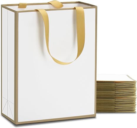 YACEYACE 20 Pack Gift Bags - 16x6x12 Inch White Kraft With Ribbon Handles, For Parties & Weddings