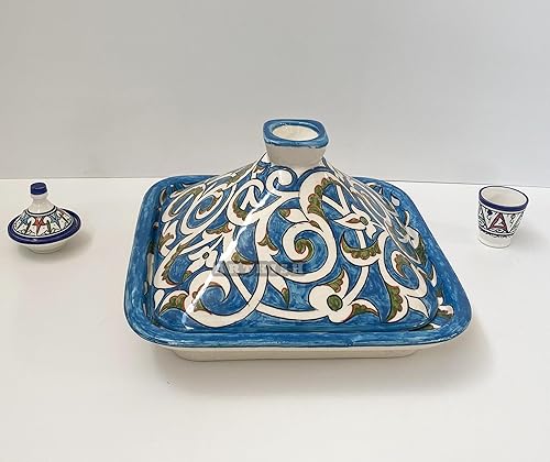 Square Handmade and Hand painted Moroccan Pottery Tagine Pot for Housewarming Gift - Ceramic Pots For Cooking and Stew Casserole Slow Cooker -