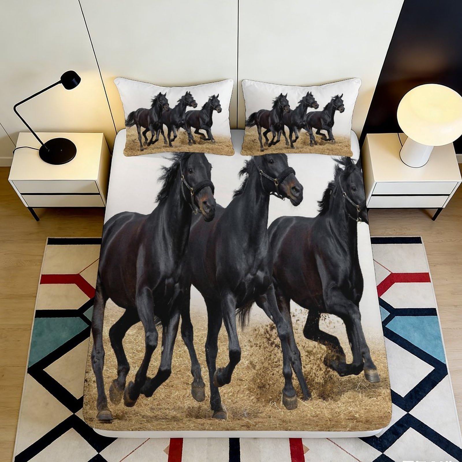 Dhbaneiok Style-10 3D Printed Black Horse Fitted Sheet Microfiber Soft Wild Stallion Bed Cover For Bedroom Decor Mattress Protection 90X200x25cm