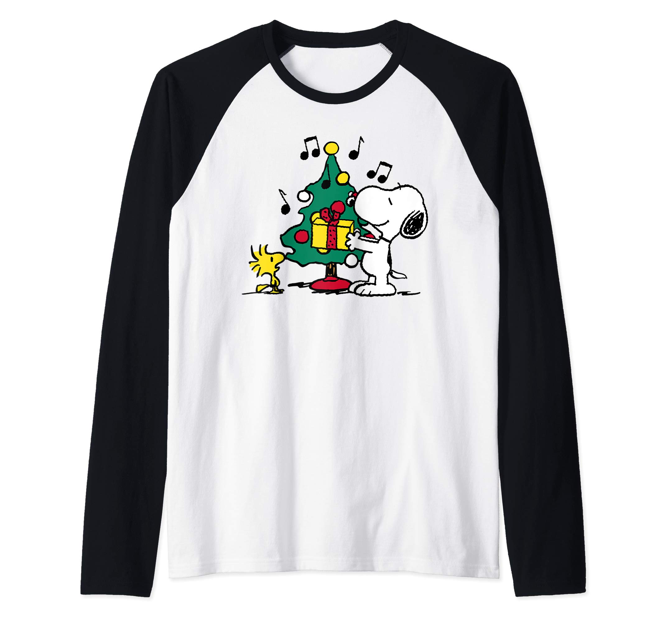 PeanutsSnoopy and Woodstock Holiday Christmas Tree Raglan Baseball TeeOEKO-TEX STANDARD 100