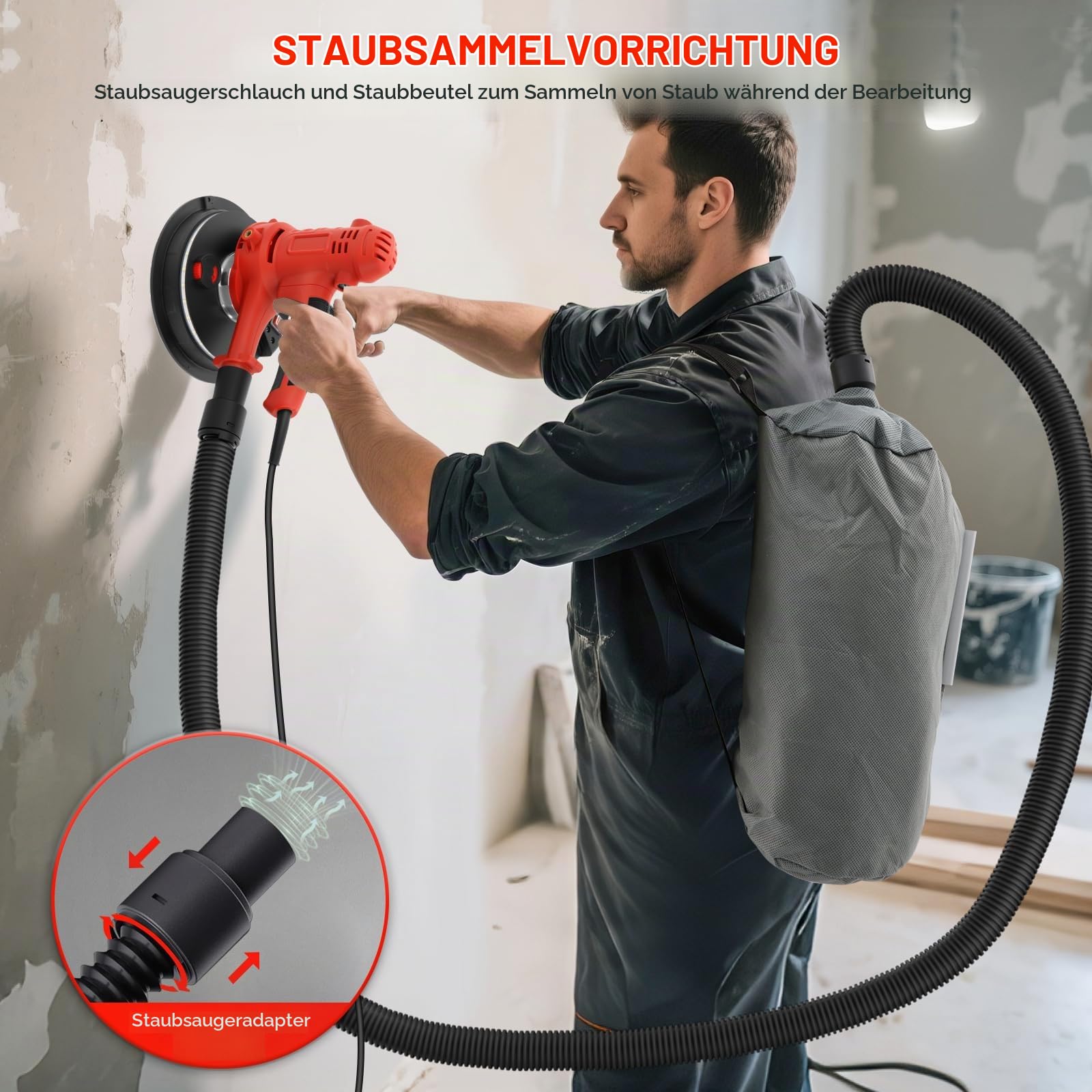 800W Trockenbauschleifer,Wandschleifer, 6 Geschwindigkeitsstufen,ausgestattet mit einer großen,Schleifteller mit Bürstenkranz, integrierte Staubabsaugung, inkl.12x 180 mm Schleifpapier