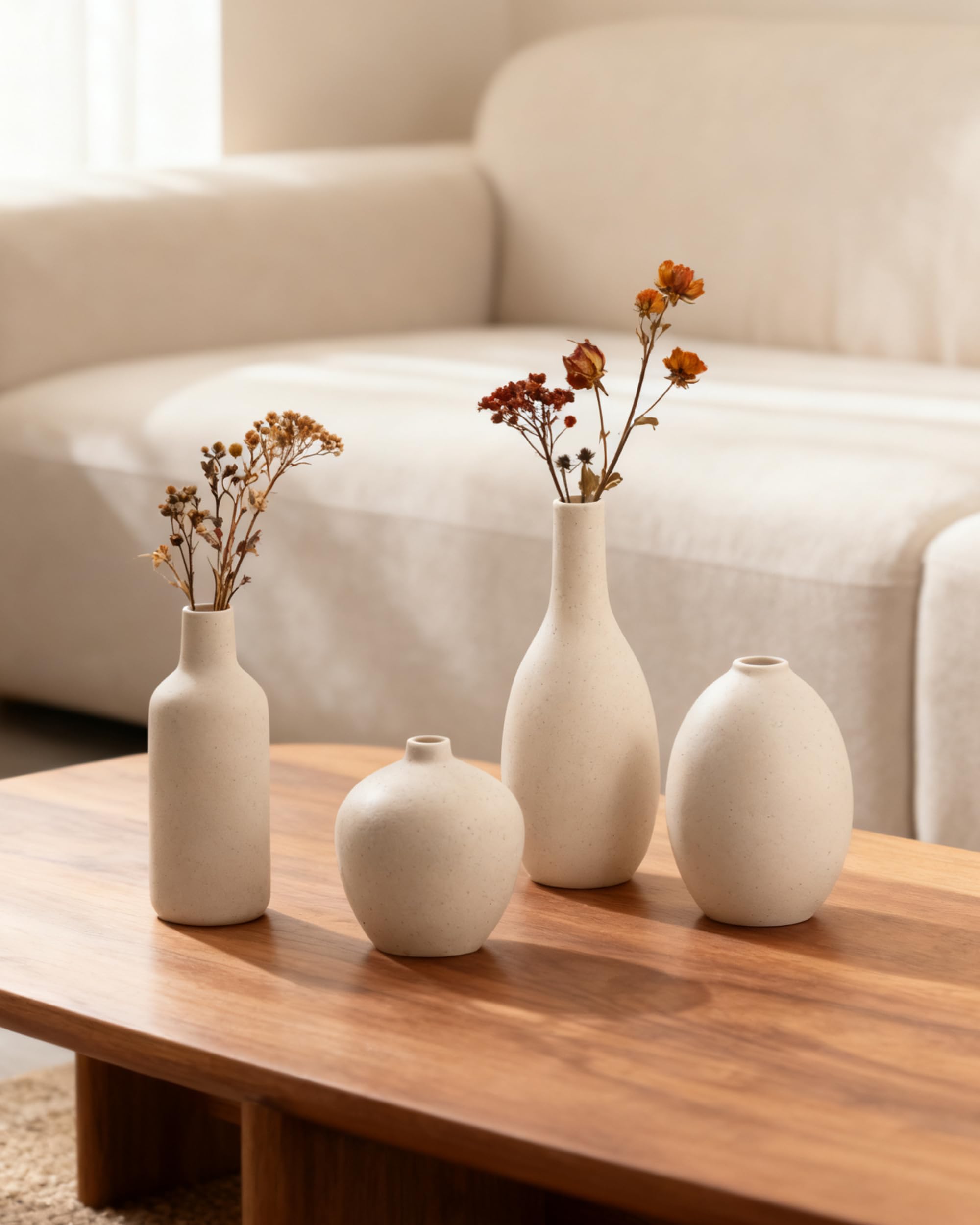 Beige Vasen Keramik 4 Stück, Kleine Blumenvasen Set für Dekor, Minimalistisch Vase Home Decor für Pampas Grass, Wohnzimmer, Esszimmer (09 Beige)
