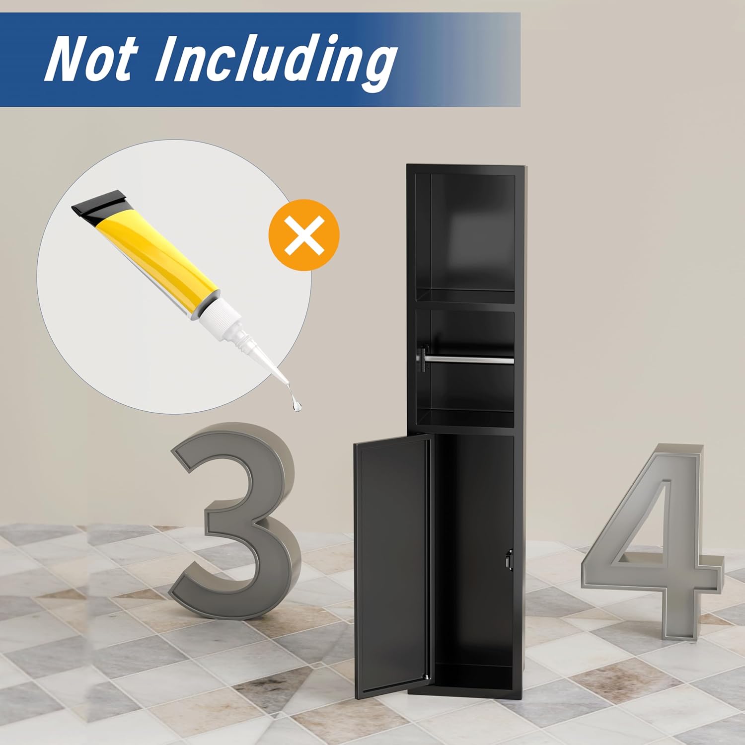 Recessed Toilet Paper Holder, in Wall Tissue Toilet Roll Holder, 304 Stainless Steel Bathroom Toilet Paper Holder with Storage Cabinet for Toilet Brush Holder (Matte Black, 32''H)