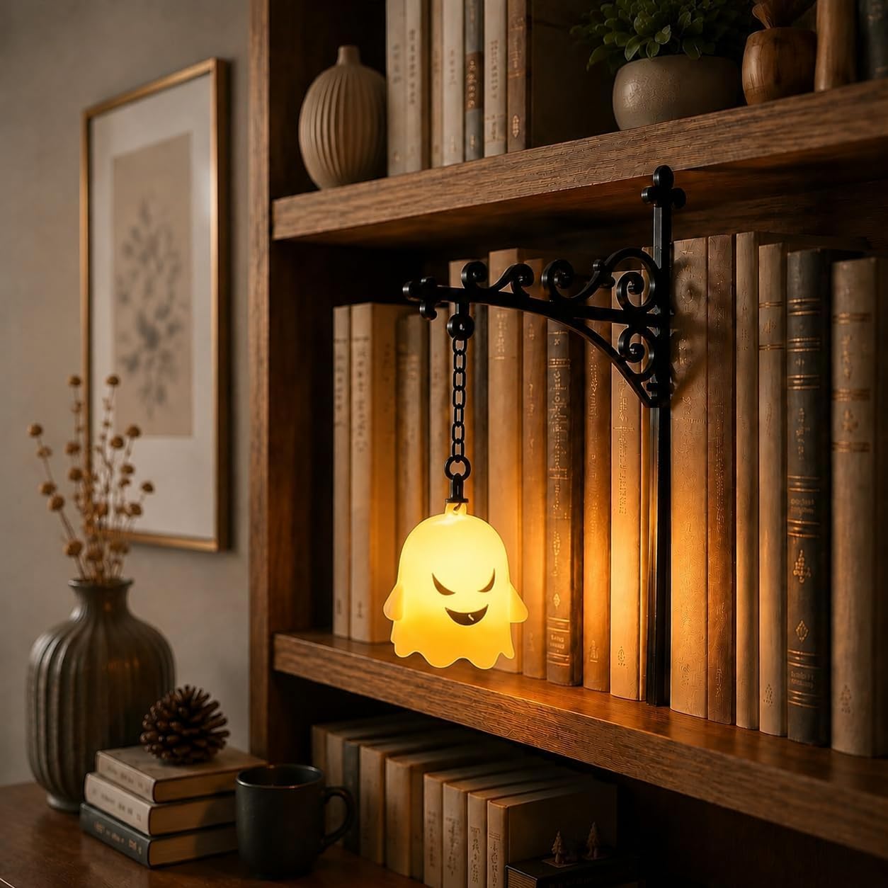 Library Lantern Mini Bookshelf Lamp with Warm LED Lights, Witch Hat，Naughty Ghost：2.36" D x 5.51" W x 7.68" H
