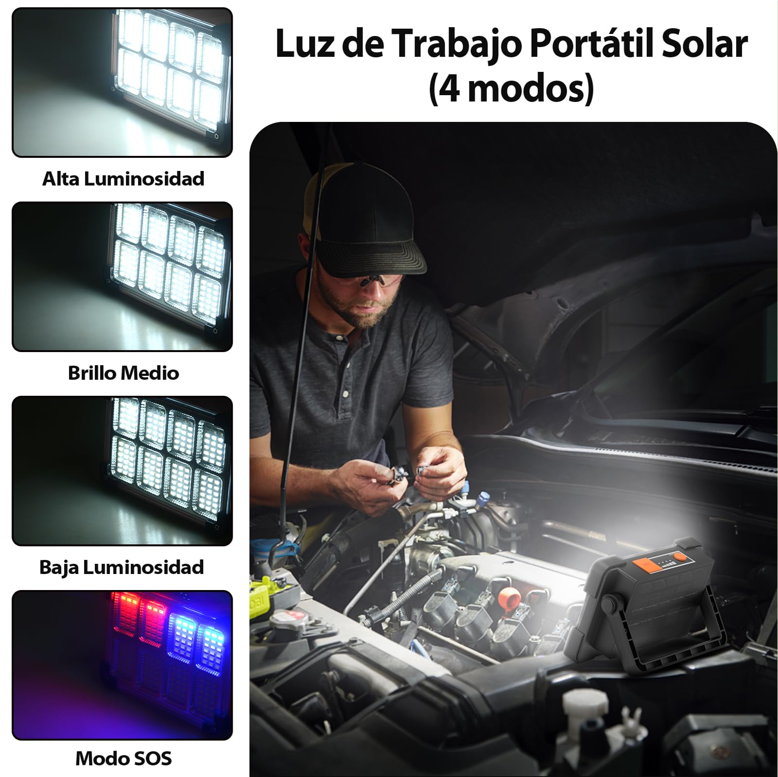 OHAYORI Foco LED Recargable, Luz de Trabajo Portátil USB de 4 Modos, 6000 mAh Banco de Energía, Luz de Trabajo LED Solar Impermeable para Exteriores para Acampar, Jardín, Pesca, Garaje, Emergencia