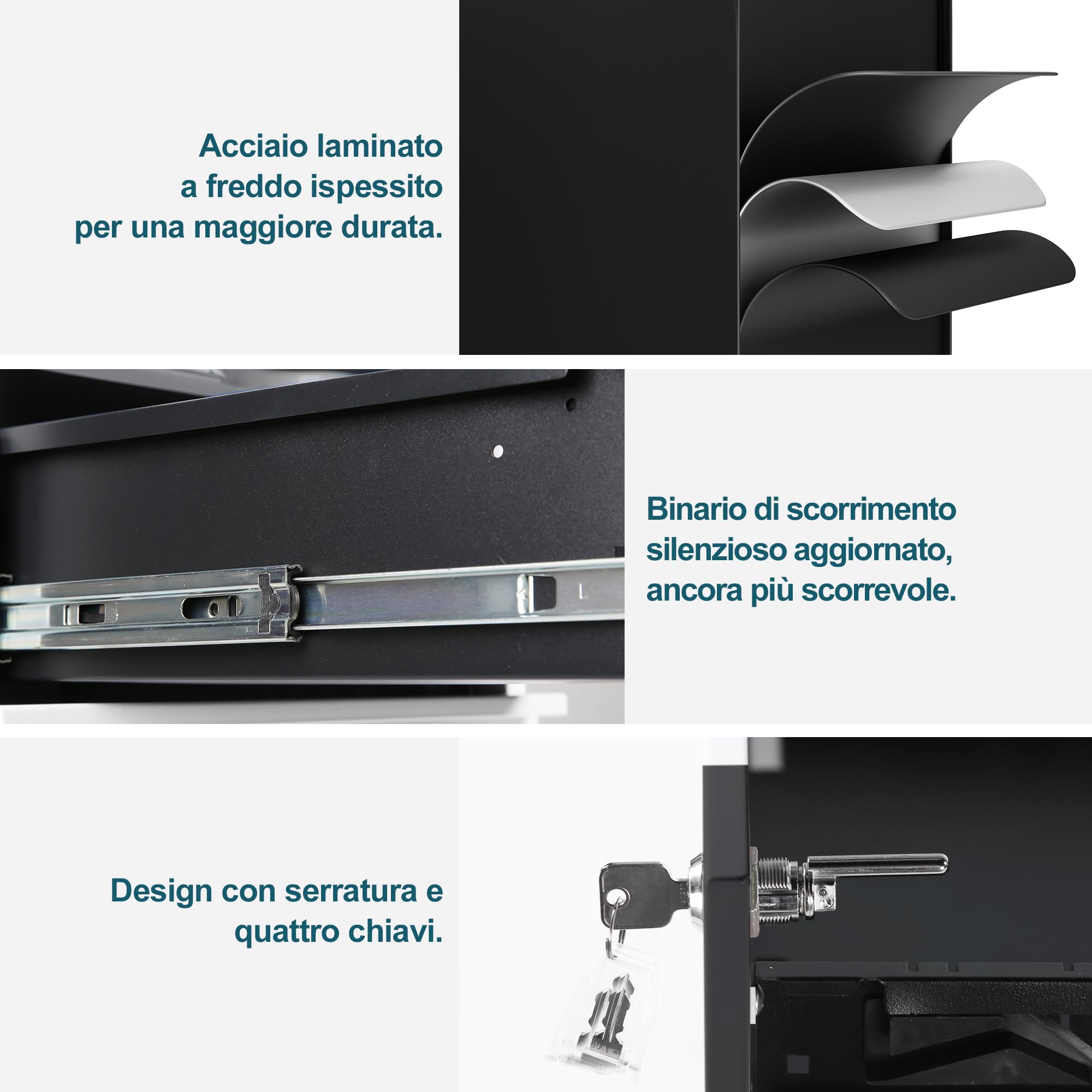 Cassettiera da Ufficio con 3 Cassetti, Scrivania con Ruote, Armadietti in Metallo, Completamente Assemblato, Nero, Ufficio, Studio