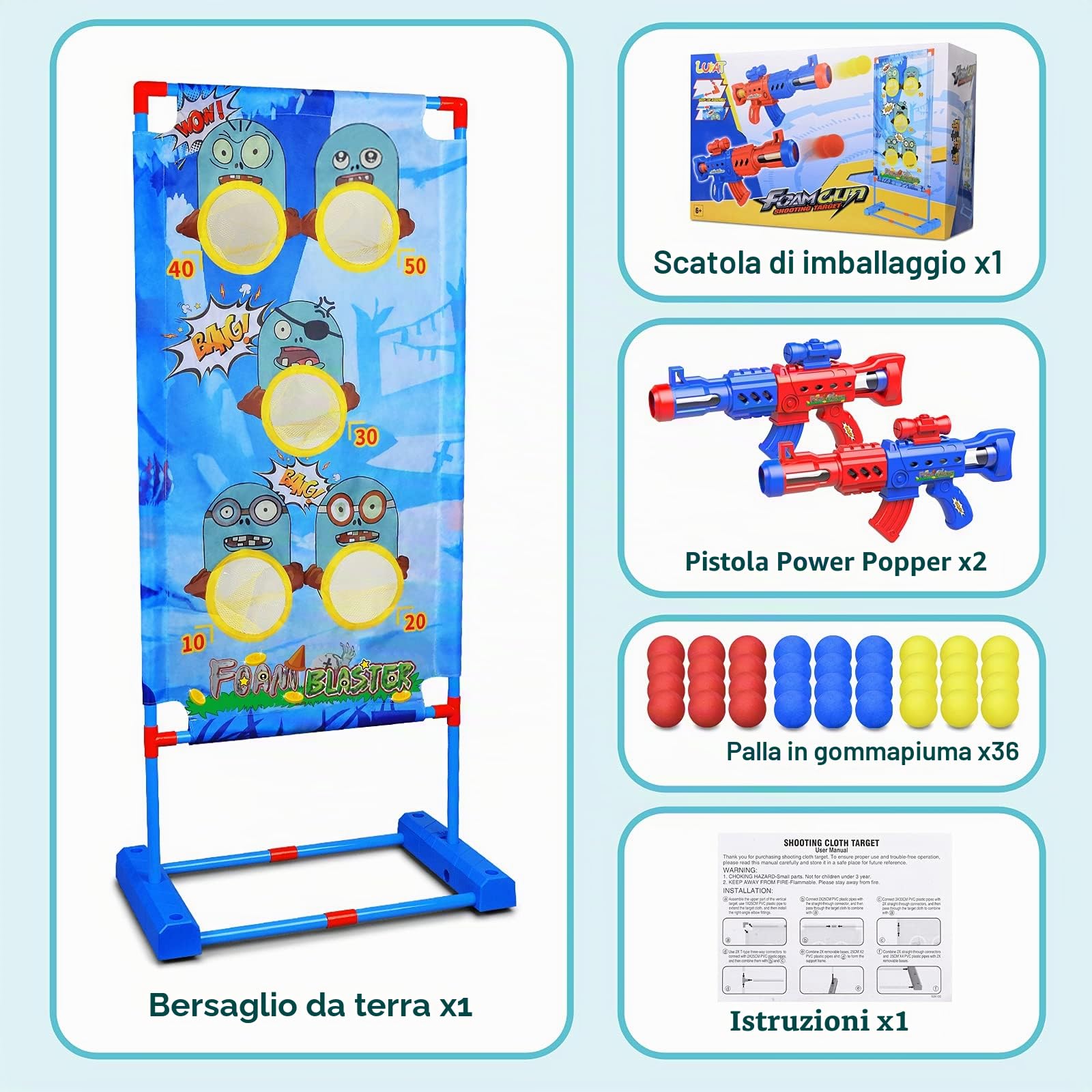 Giochi di tiro per bambini, adatti per 5 6 7 8 9 10+ anni, ragazzi e ragazze, 2 pistole giocattolo ad aria con palla in schiuma con bersaglio di tiro in piedi, 36 palline di schiuma, gioco di