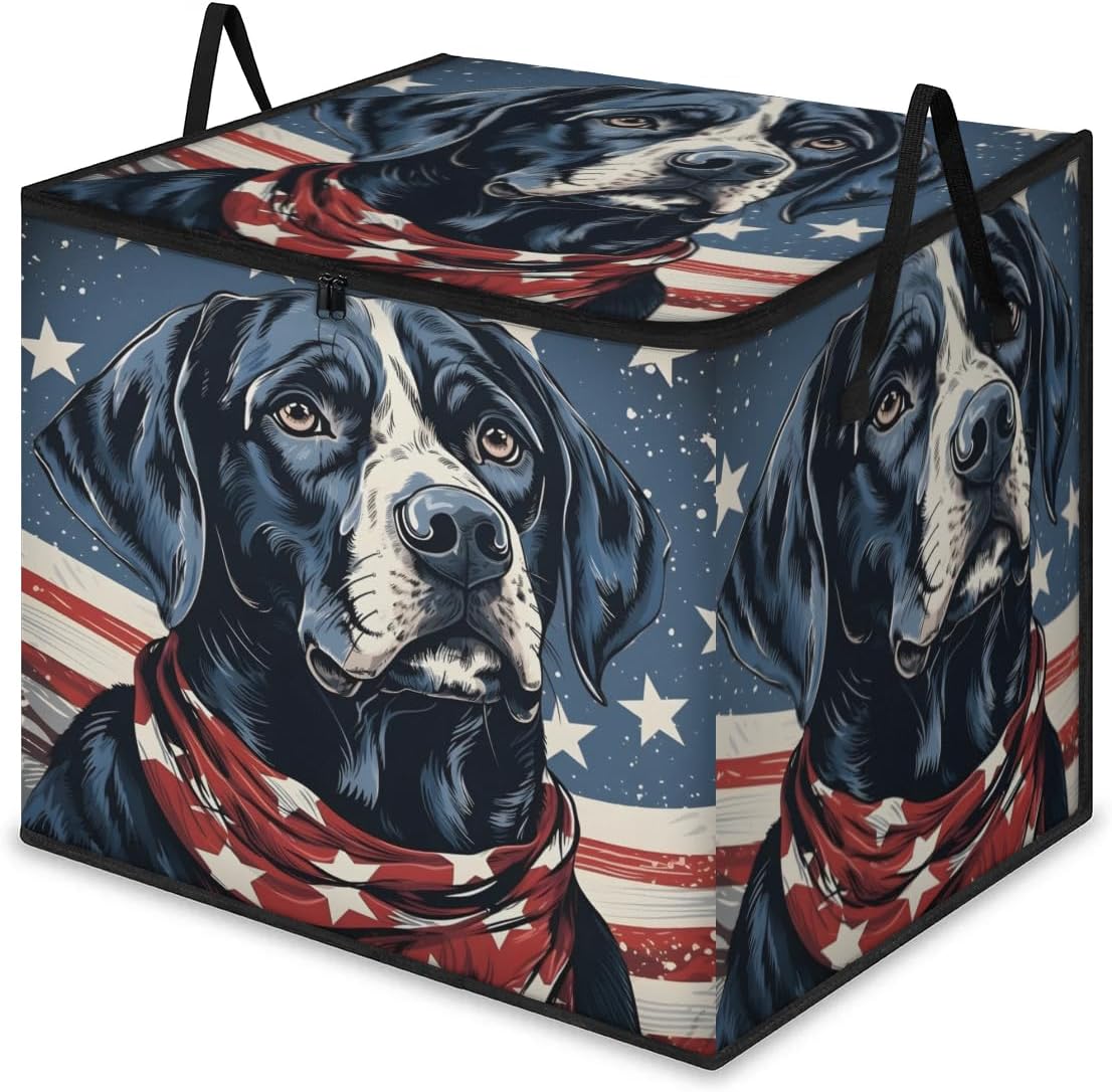 Honeybaby 214L Extra Large Comforter Storage Bag Cool Dog Patriotic Storage Totes with Lids Waterproof Closet Organizer Folding Blanket Storage Bags for Clothes Bedding Pillows