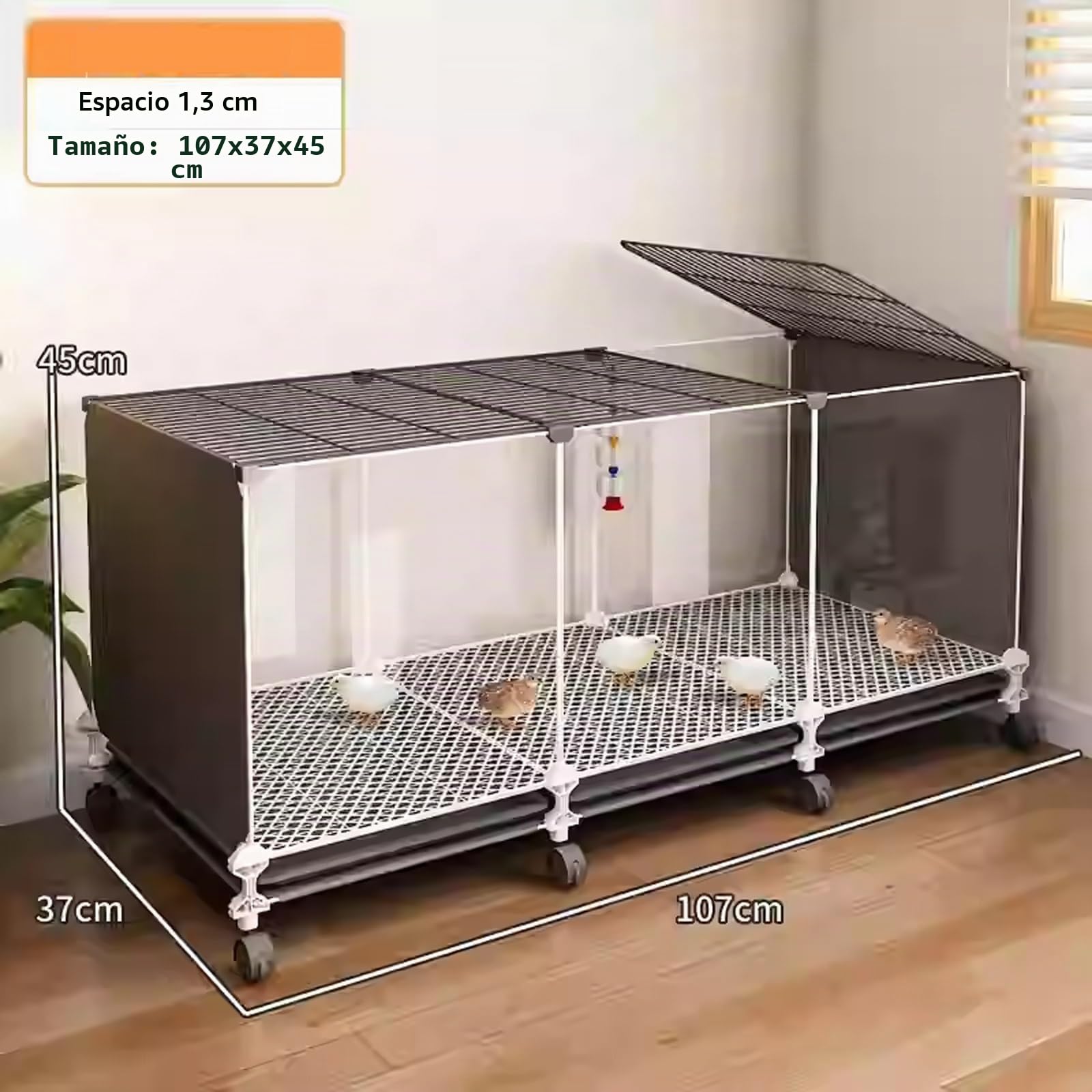 Jaula para Pollos Transparente con Bandeja Deslizante y Ruedas | Jaula para Codornices, Jaula Portátil para Conejos Rutin Chicken Coops con Almohadillas(Black,107*37*45cm)