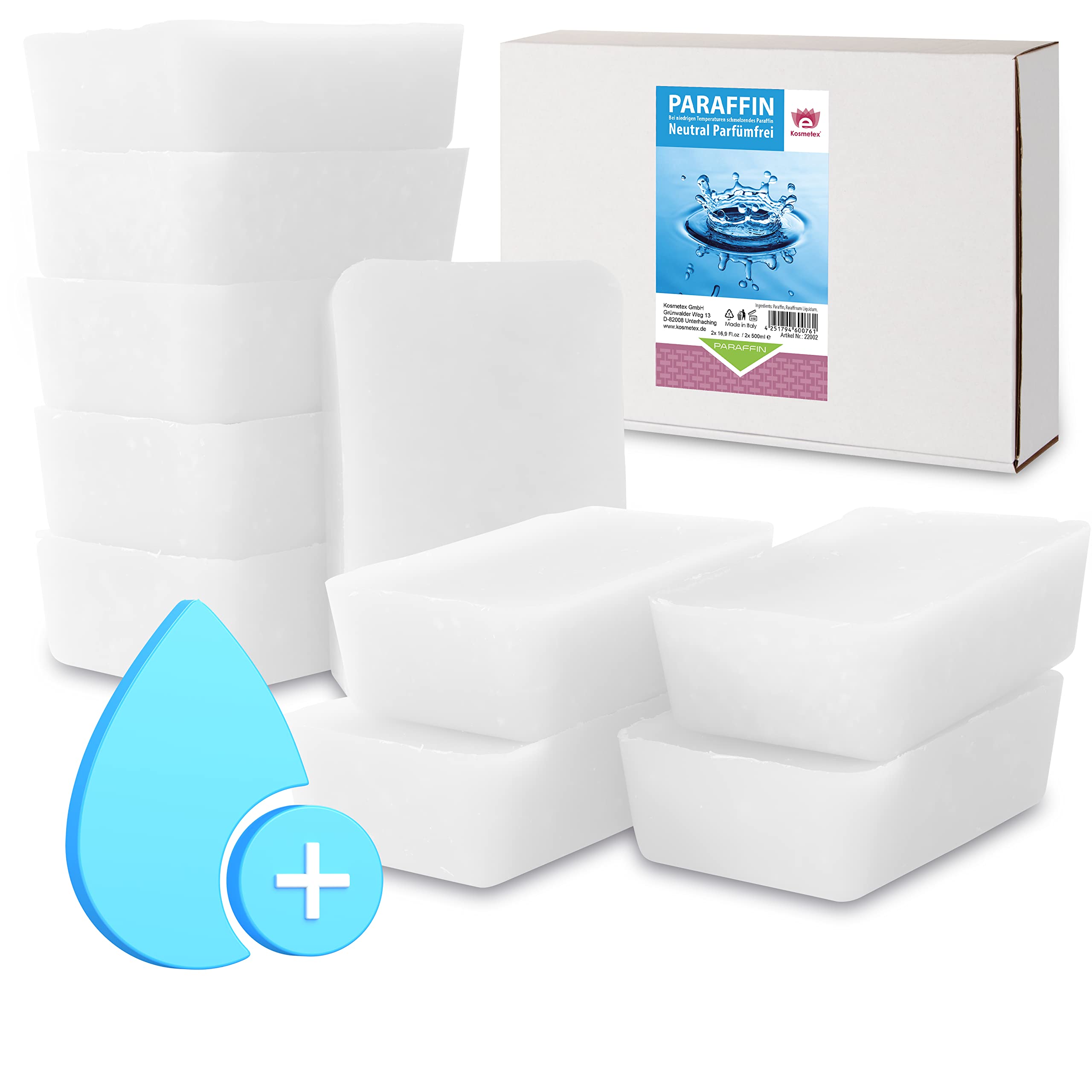 Kosmetex Paraffin-Bad Neutral – Wärmebad für Hände + Füße – Wohlbehagen für Gelenke – Geeignet für Ergotherapie und Physiotherapie – Parfümfrei – Wachsblock (10x 500ml)
