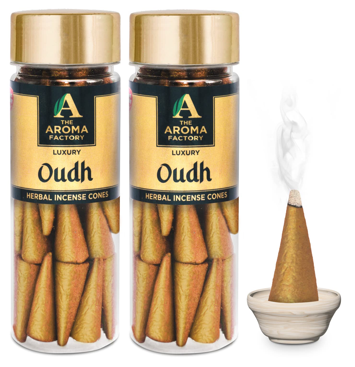 The Aroma Factory Oudh Incense Cones – Pack of 2 Bottles with 30 Cones Each, 100% Natural & Pure Herbs, Non-Toxic, Zero Charcoal, No Black Smoke, Infused with Essential Oils for Home & Meditation