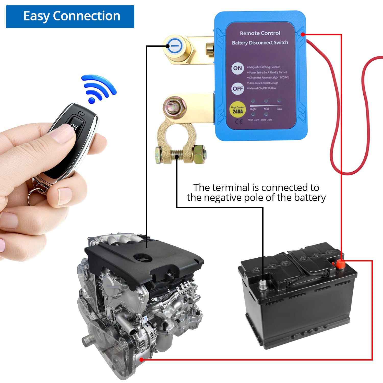 QWORK® Odłącznik akumulatora samochodowego, 12 V, 240 A, bezprzewodowy, zdalnie sterowany wyłącznik akumulatora, do samochodów, ciężarówek, kamperów