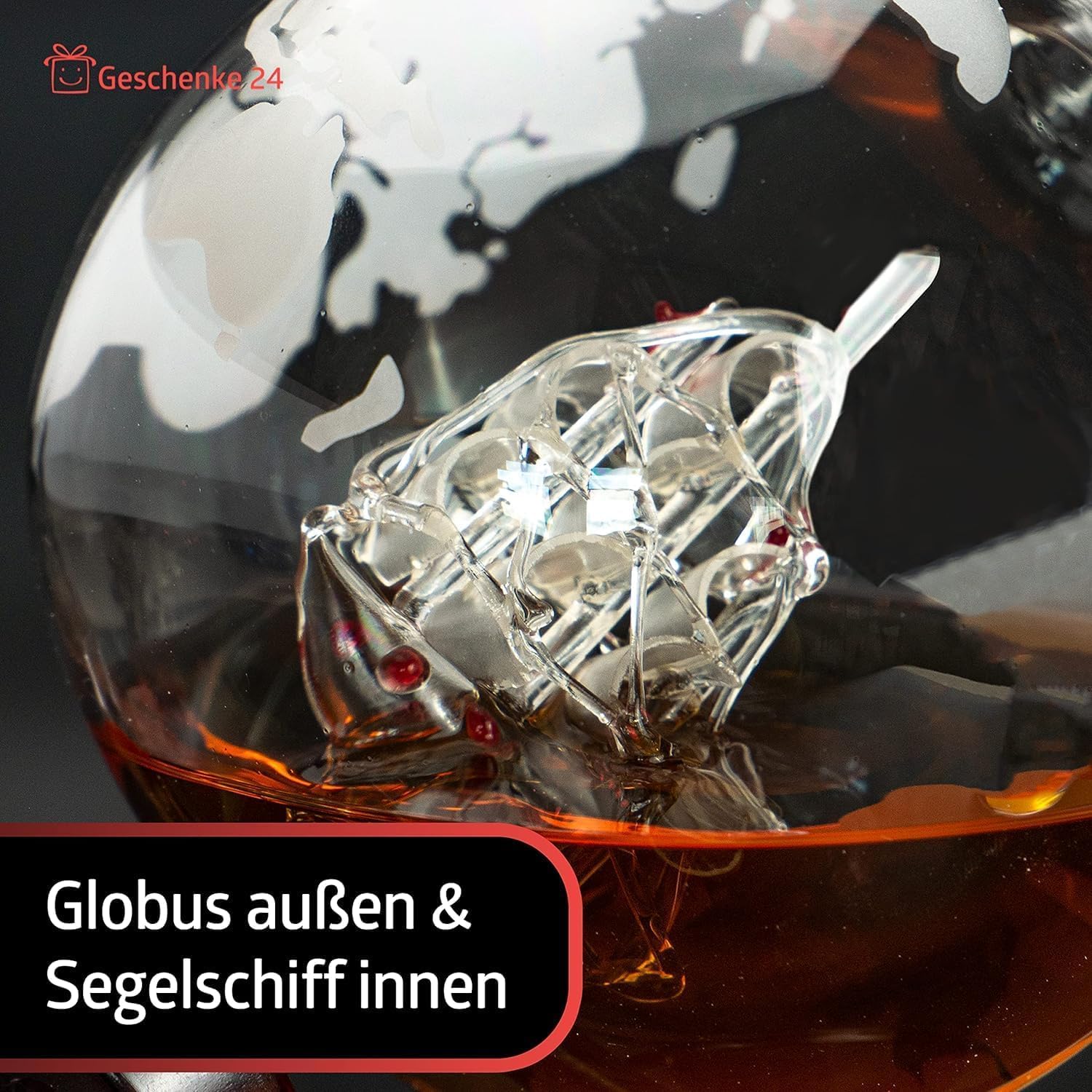 Decanter Per Whisky A Forma Di Globo Con Bicchieri - Set Bar Con Supporto Legno, Mappa Mondo