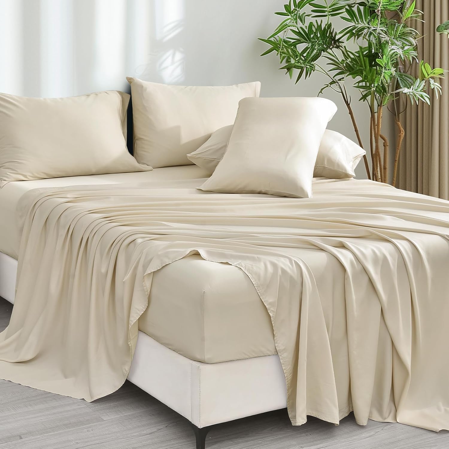 PHF 6PCS 100% Rayon Derived from Bamboo_ Sheets Set Queen Size, Cooling Sheets for Hot Sleepers, Wider Elastic Band & 16" Deep Pocket, Luxury Silky Soft Breathable Bedding Set & Pillowcase, Natural