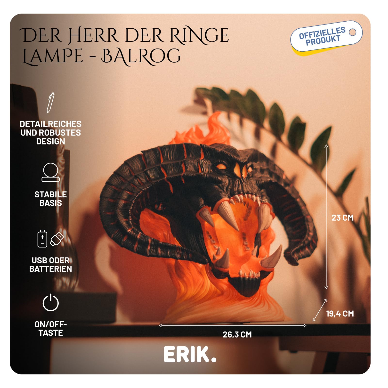 Grupo Erik LED Lampe Der Herr der Ringe Merch Balrog LED Licht Deko Figuren - Stimmungslicht Schreibtisch - Nachttischlampe Kinder und Erwachsene Zubehör - Offizieller the Lord of the Rings Deko