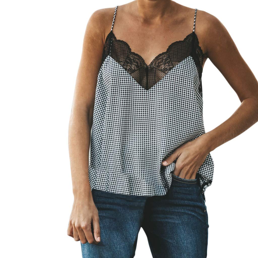 iHAZA Women Casual Lace Patchwork V-Neck Vest Sleeveless Tank Tops T Shirt Cami