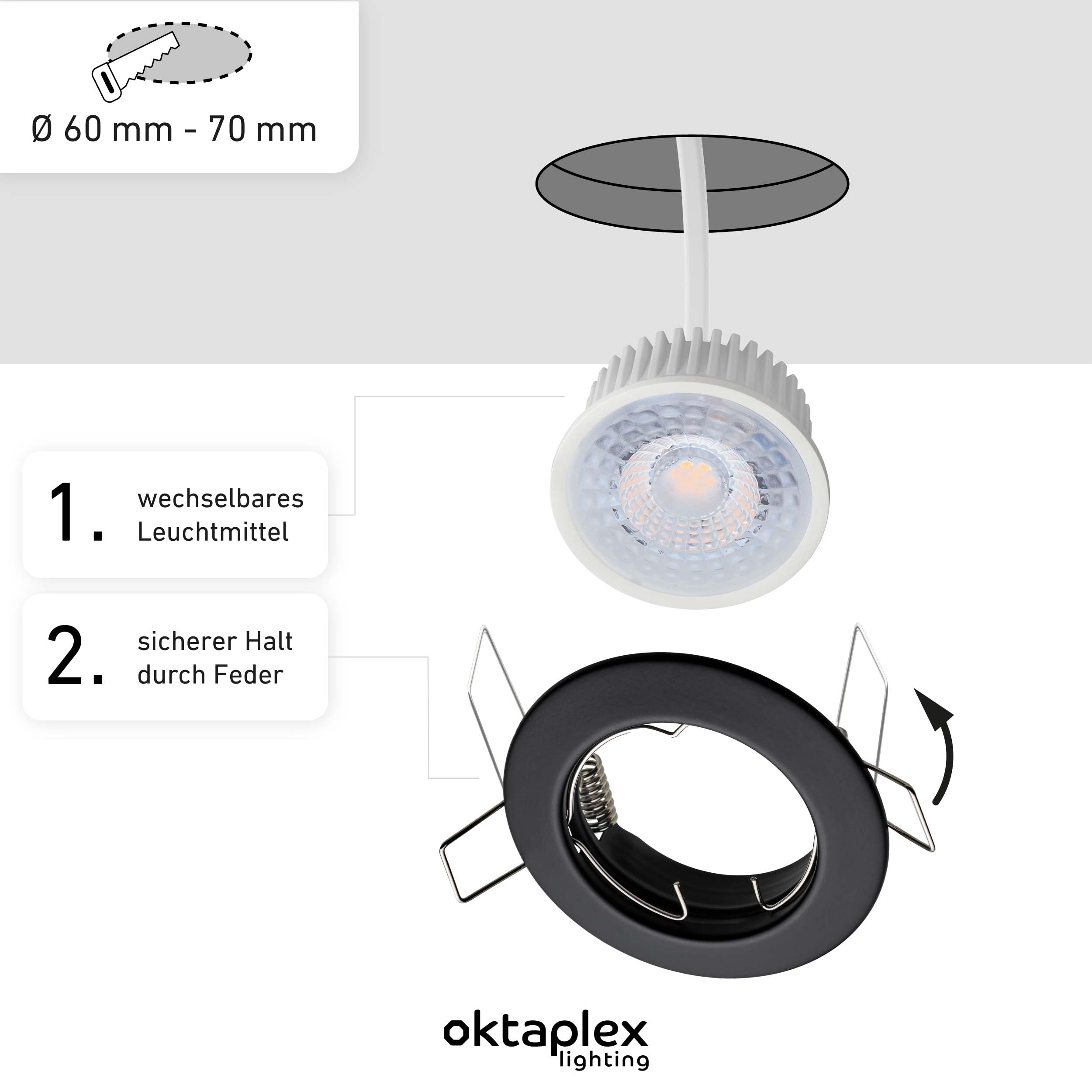 Oktaplex 9er Set Sedan Einbauspot 230V LED Spot 22mm Einbautiefe flach | Warmweiß 3000K, Lochmaß 60mm, 4,8W, 380lm, 110° Einbaustrahler Schwarz rund