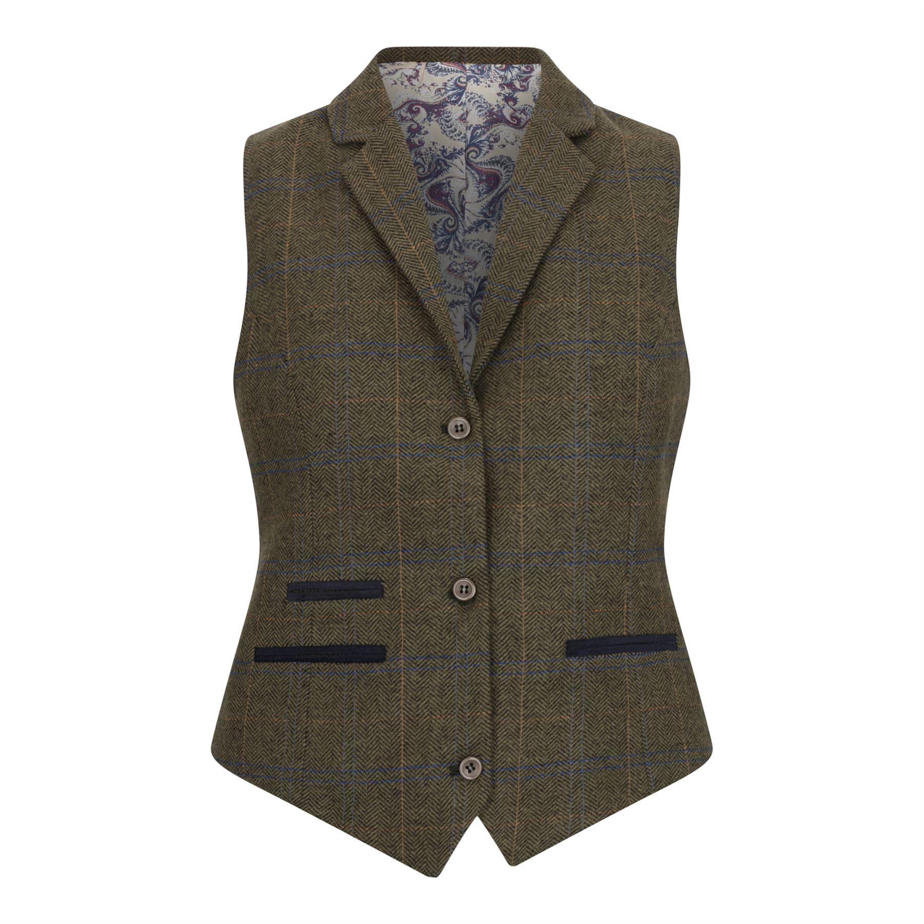 TruClothing Women's Olive Green Wool Blend Tweed Herringbone Checkered Waistcoat - Olive 12