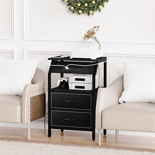 Miniatura 6 de Mesa auxiliar con luz, mesita de noche LED con 2 cajones y estación de carga tipo C, cómoda de tela pequeña para mesita de noche, mesa auxiliar de