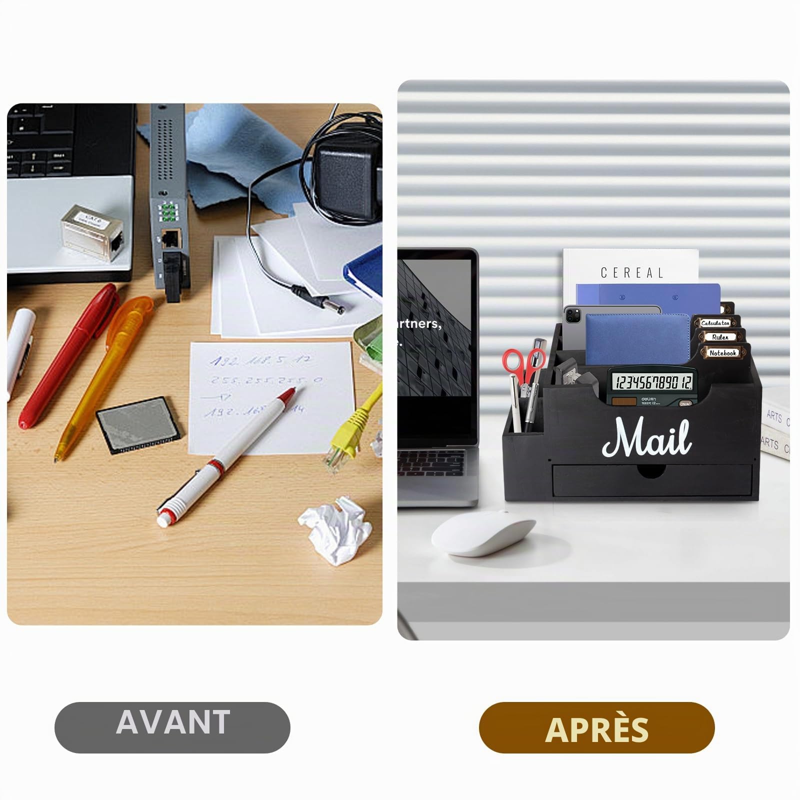 Organiseur de Courrier de Bureau en Bois et Tiroir, Noir