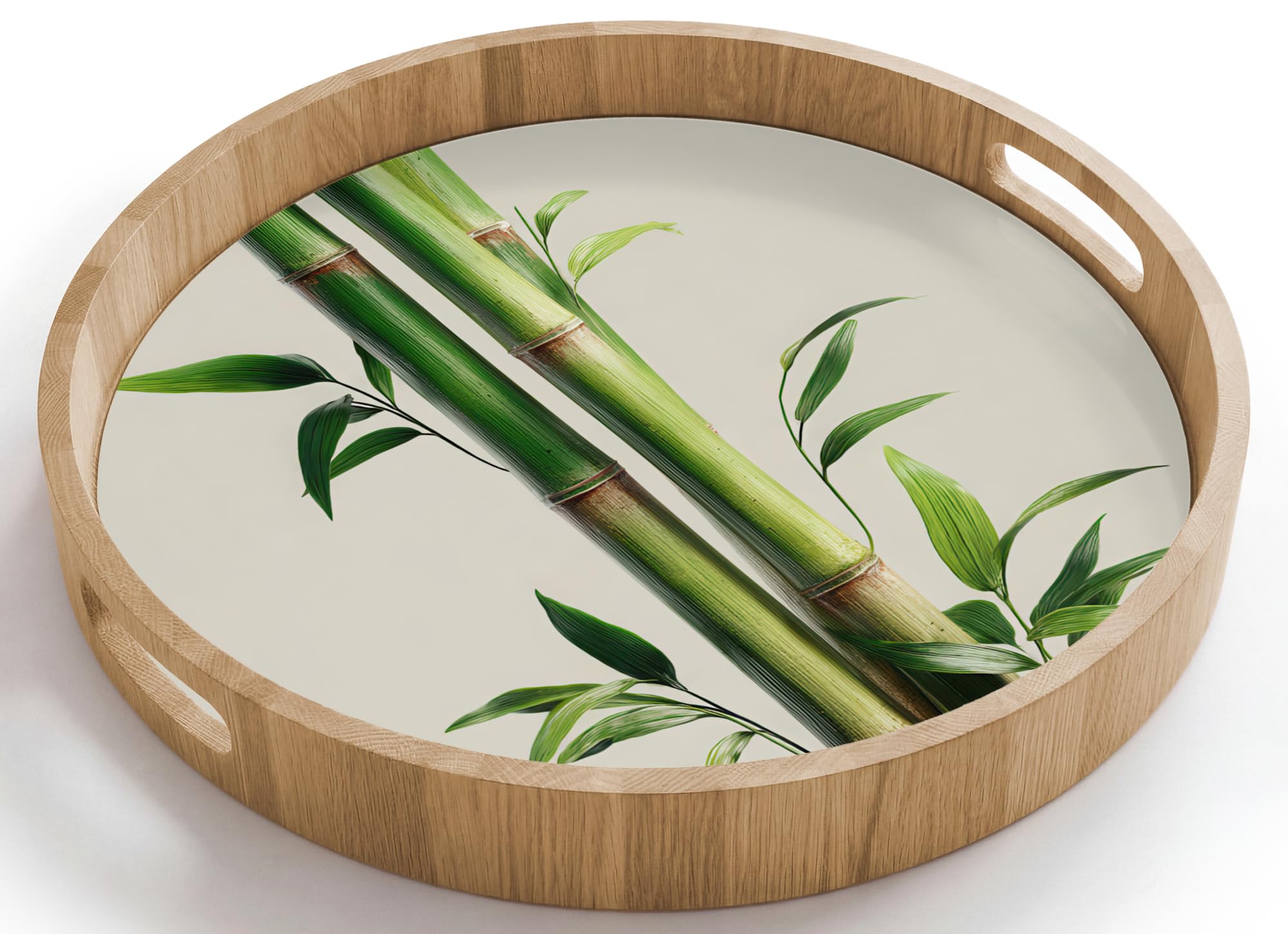 Bandeja Madera De Roble Redonda 40x40 cm Bandejas Desayuno para Servir Comida Cocina Resistente Al Calor Cafe Tray Tabuleiro Tallos bambú - Ornamental - Verde
