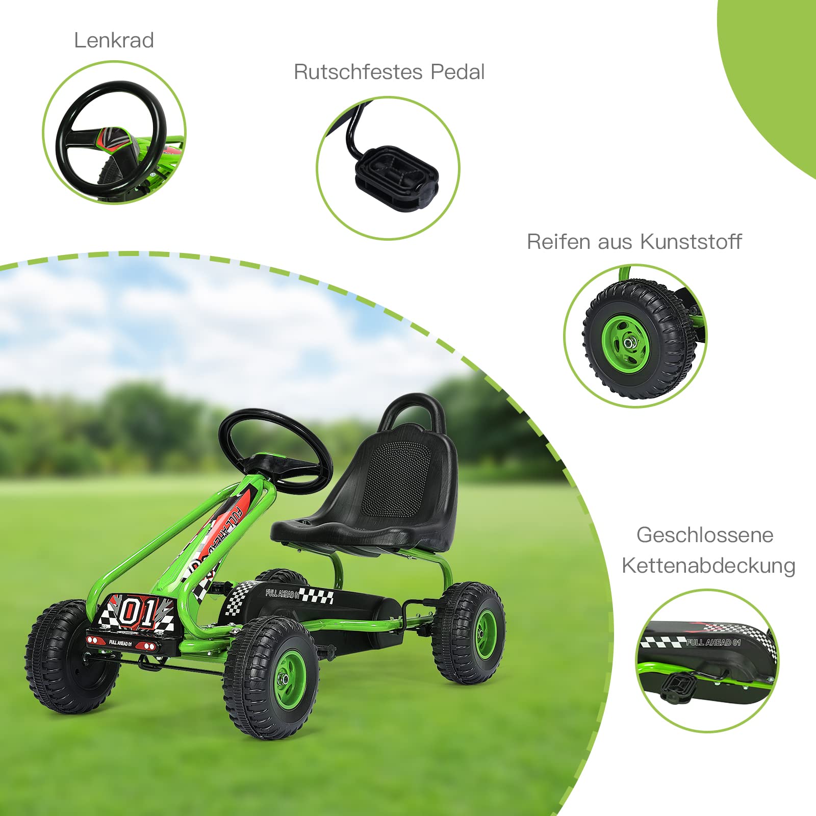 RELAX4LIFE Kinder Gokart mit Handbremse & verstellbarem Sitz, Tretauto mit Pedalen, Tretfahrzeug bis 30 kg belastbar, Kinderfahrzeug vor- & rückwärts fahrbar, Go Cart für Kinder von 3-6 Jahren (Grün)