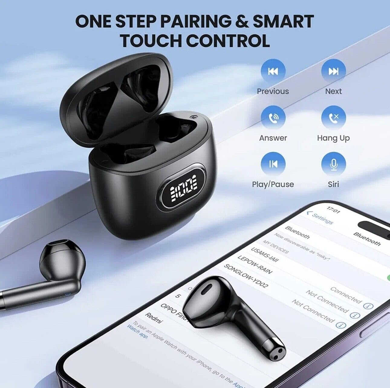 Smartphone screen showing Bluetooth settings and earbud touch control icons